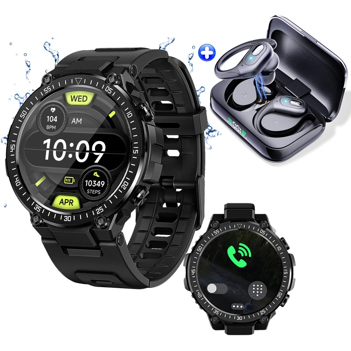 HYIEAR Fitness-Tracker-Uhr für Damen und Herren & Bluetooth 5.3 Kopfhörer Smartwatch, Smartwatch mit Gesundheitsmessung & Info-Benachrichtigung und mehr, IPX5 wasserdichte In-Ear-Kopfhörer (LED Ladestandsanzeige)