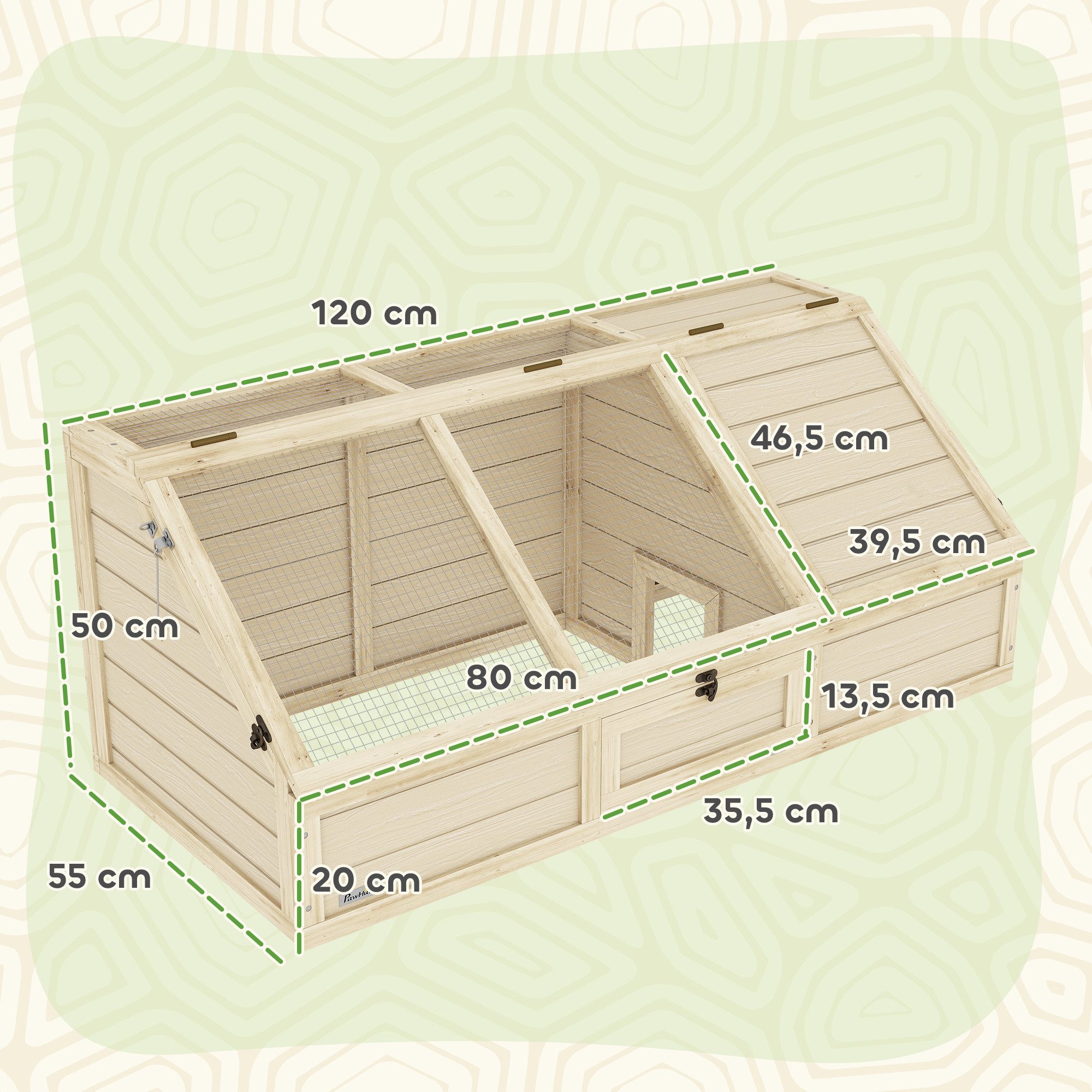 PawHut Kleintierstall Schildkrötenhaus aus Holz Schildkrötengehege mit Haupthaus, für Kleintiere 120 x 55 x 50 cm, Naturholz