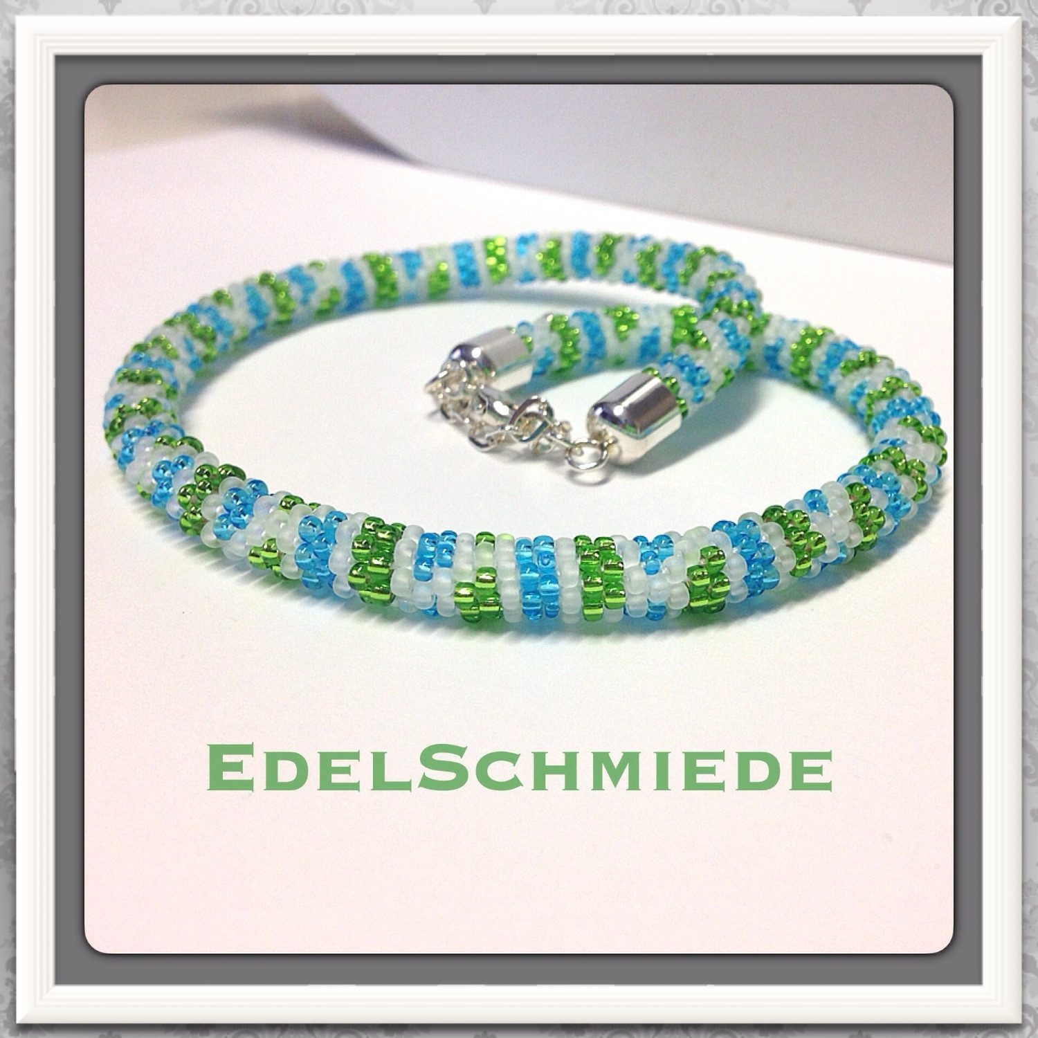 Kette ohne Anhänger Häkelkette, Grün, Blau und Weiß matt, 925/-