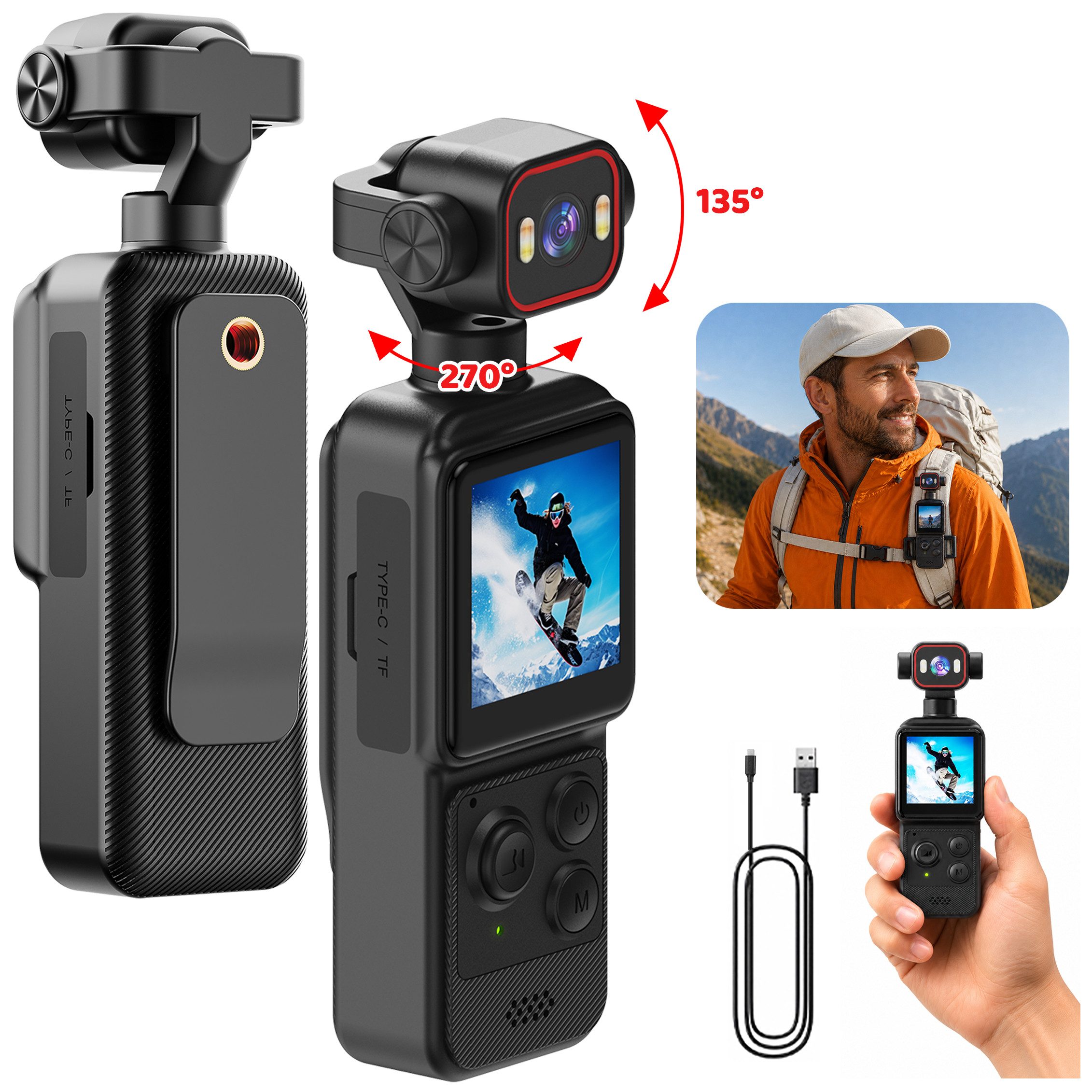 ibettertec Mini-Clipkamera,mit 140° Weitwinkel, 135°/270° drehbarem Objektiv Action Cam (KI-Tracking, 2 LED-Lichtern, 1,54-Zoll-Display, 1200-mAh-Akku, App-Fernsteuerung, Foto/Video/Audio, Bewegungserkennung)