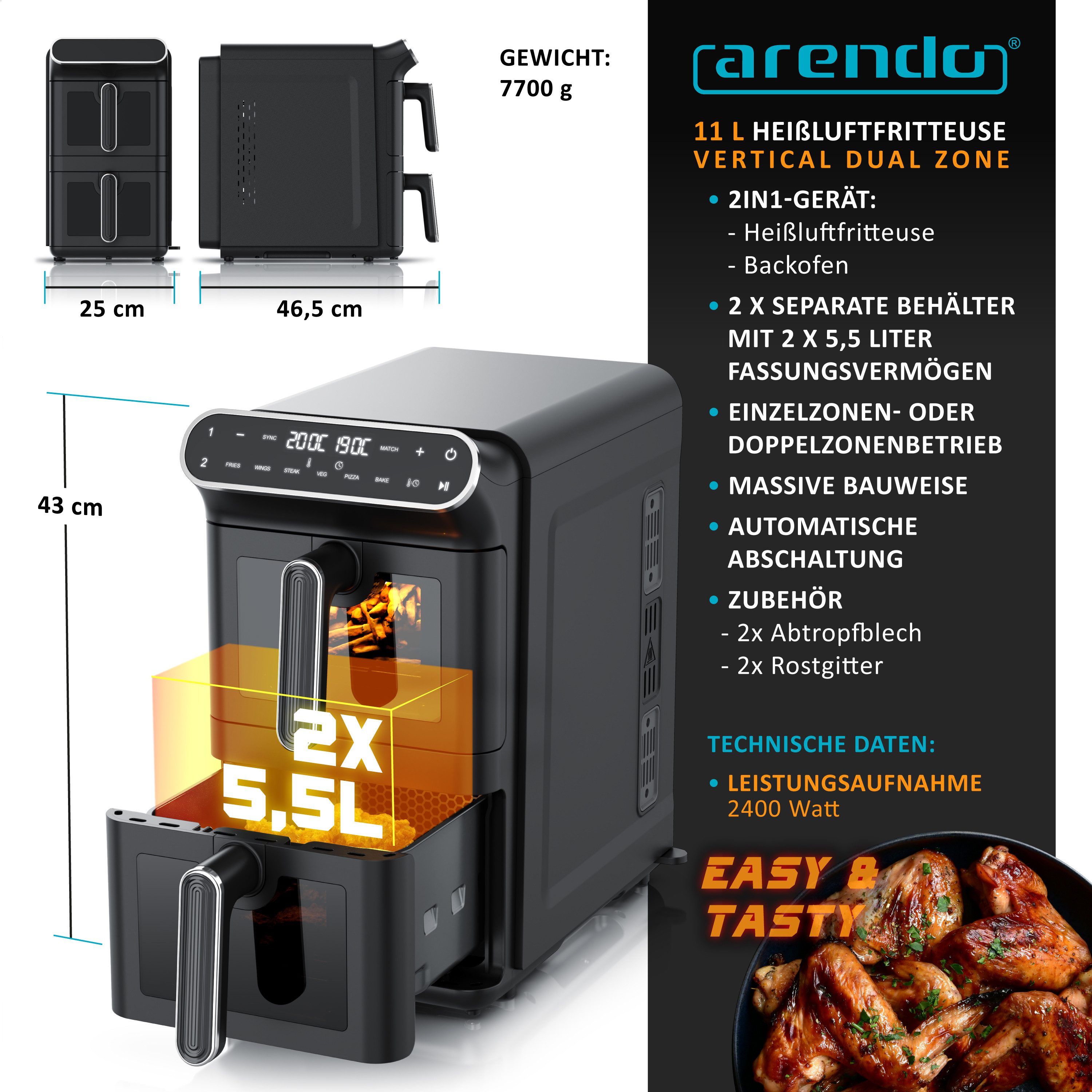 Arendo Heißluftfritteuse Dual, 2 Kammern Übereinander, XXL Doppelkammer Airfryer 11L, Dual Zone, 2640 W, mit Zubehör, Umluft Backofen, Sichtfenster, BPA‑frei, GS‑geprüft
