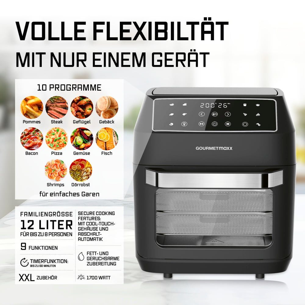 GOURMETmaxx Heißluftfritteuse 12 L Airfryer, Fritteuse mit 9 Funktionen, Touchdisplay, 1700 W, 10 Programme, Touchdisplay und Timer-Funktion, Inkl. Zubehörpaket