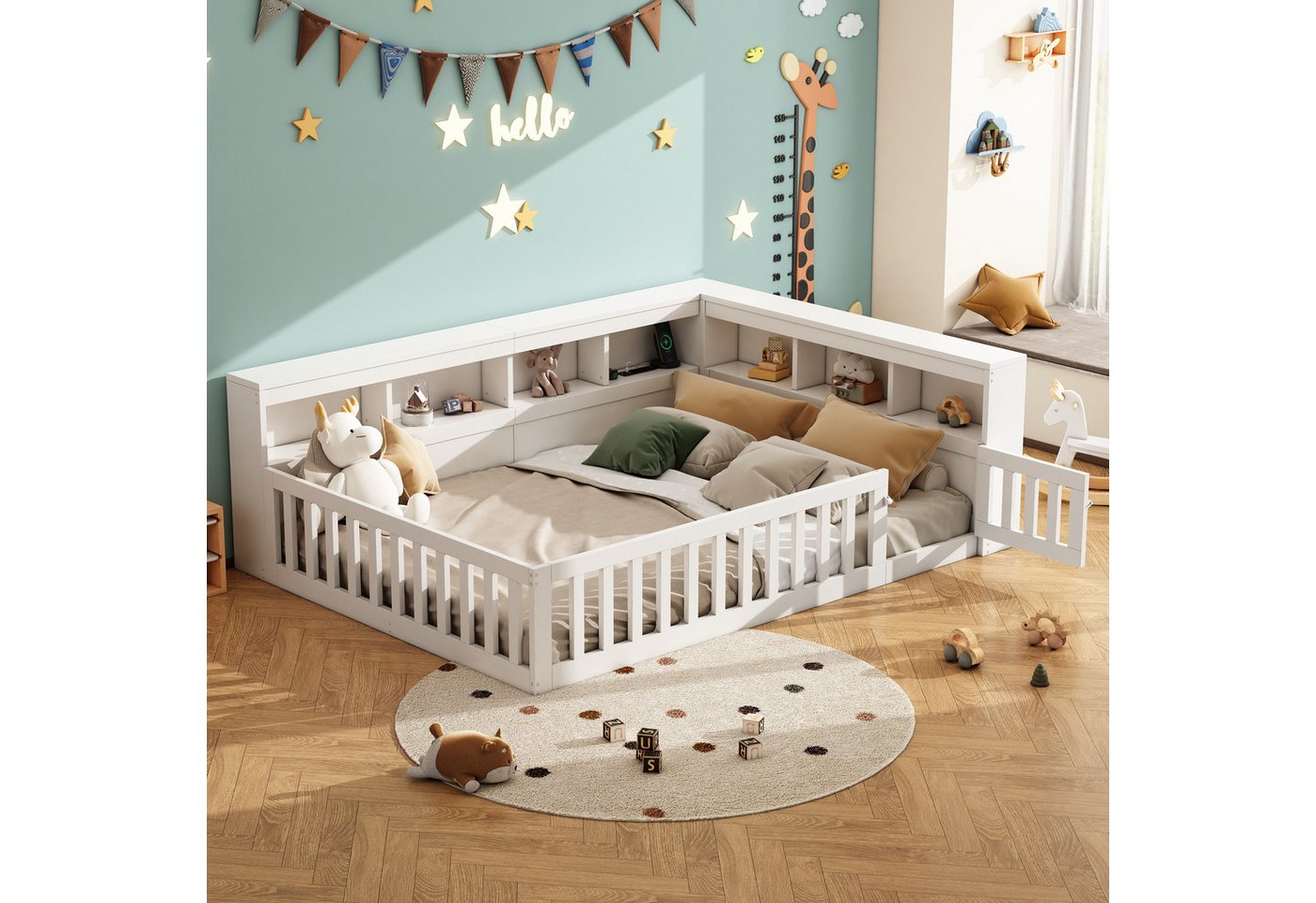 TavilaEcon Kinderbett 90×200 cm Bettseite mit Staufach, Brüstung, Daybett mit Lattenrost, Steckdose & USB-Anschluss, ohne Matratze, Beige