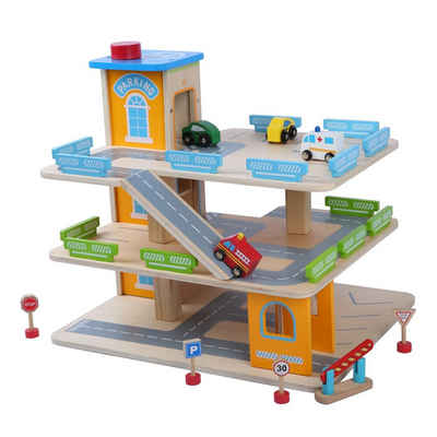 TikTakToo Spiel-Parkgarage Parkhaus Parktower Spielzeug Kinder Autogarage aus Holz (aus Holz mit reichlich Zubehör, komplettes Spielset), Garage incl. 4 Spielzeugautos