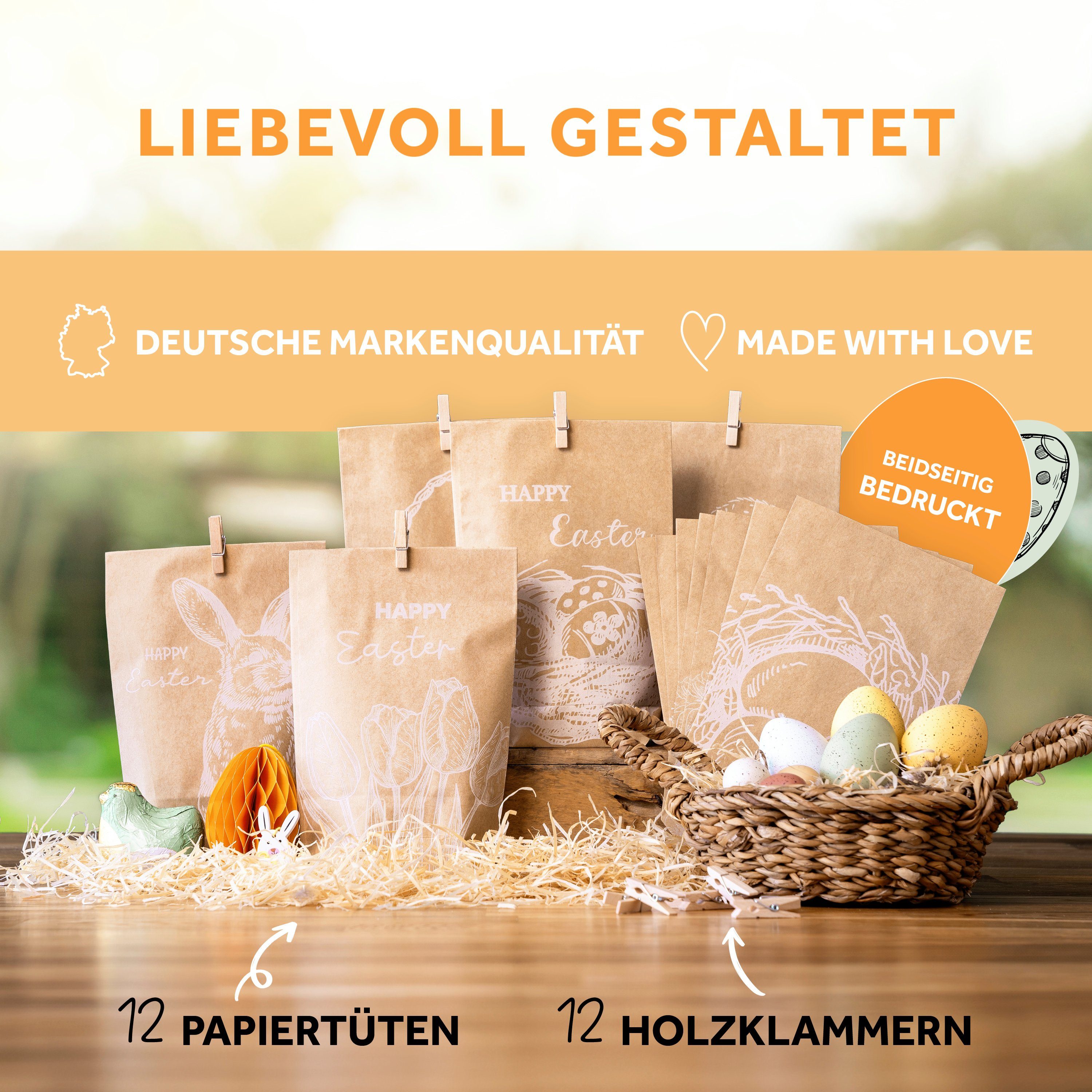 Amari Osternest Ostertüten Geschenktüten Set Ostern Geschenk zum Befüllen, 12 Papiertüten inkl. Klammern, Geschenkidee