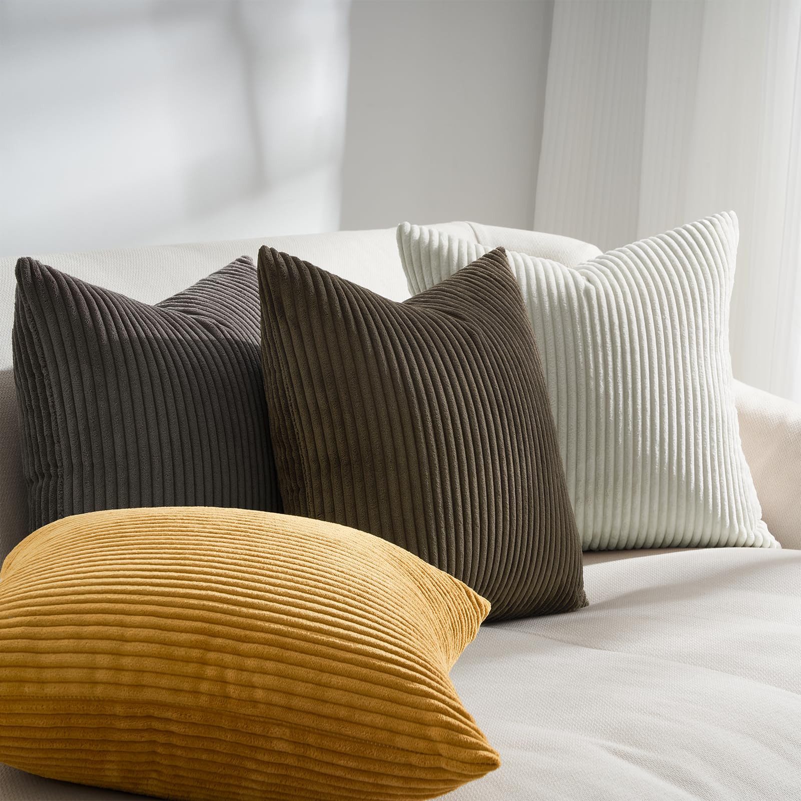 Topfinel Kissenbezüge 4er Set Kordsamt, flauschig Farbverlauf, Gestreift, kissenhülle 60x60 Braun cord kissen sofakissen kissenbezug 60x60