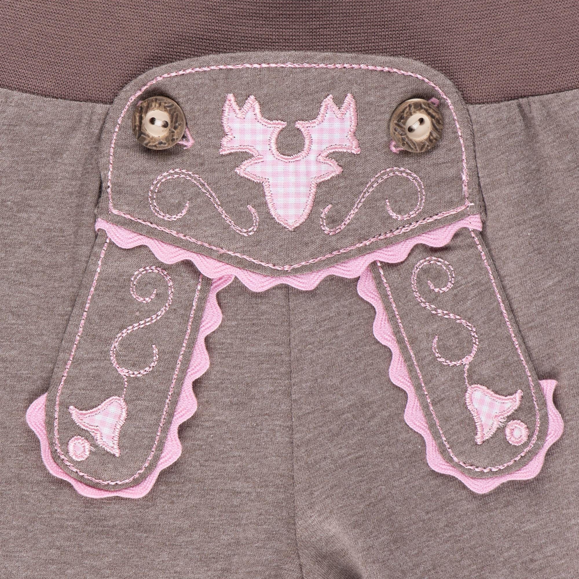 P.Eisenherz Trachtenhose Babyhose im Lederhosenstil mit rosa Stickerei mit elastischem Hosenbund