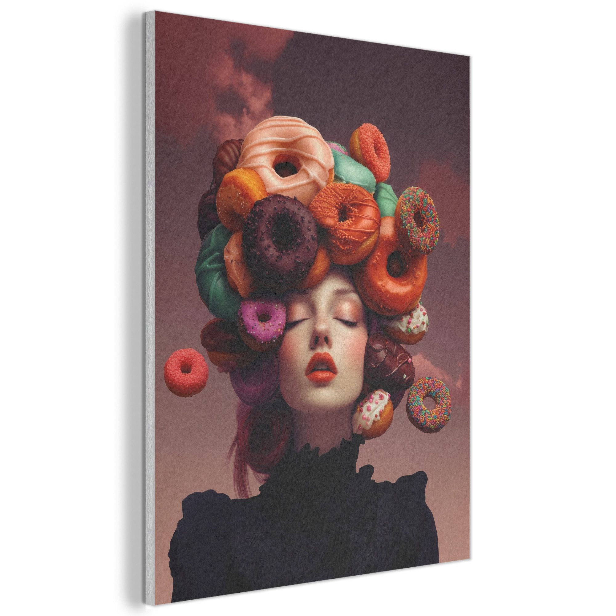 MuchoWow Gemälde Frau - Donuts - Bunt - Küche, Fotodruck (1 St), Akustikpaneele, Wandpaneele, Schalldämmung, Akustikbilder 30x40 cm