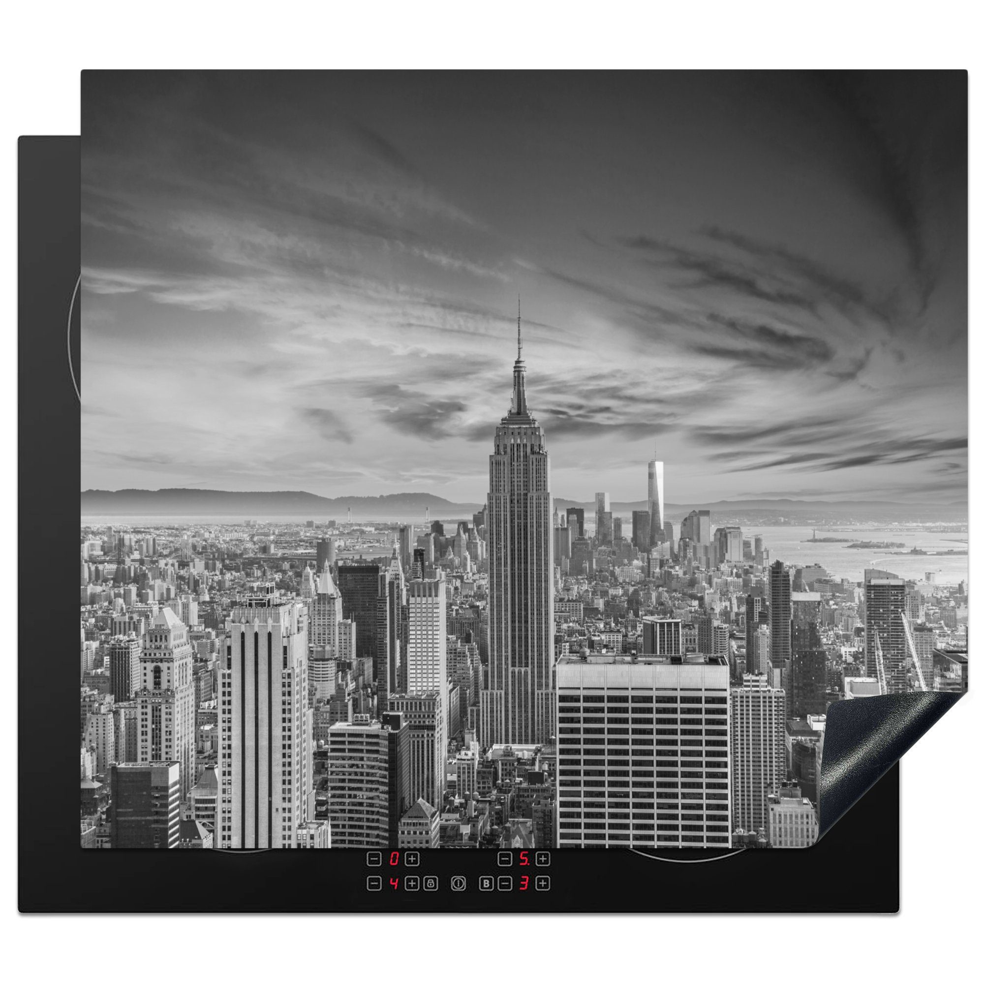 MuchoWow Herdblende-/Abdeckplatte New York - Manhattan - Berg - Schwarz - Weiß, Vinyl, (1 tlg), 59x52 cm, Ceranfeldabdeckung für die küche, Induktionsmatte