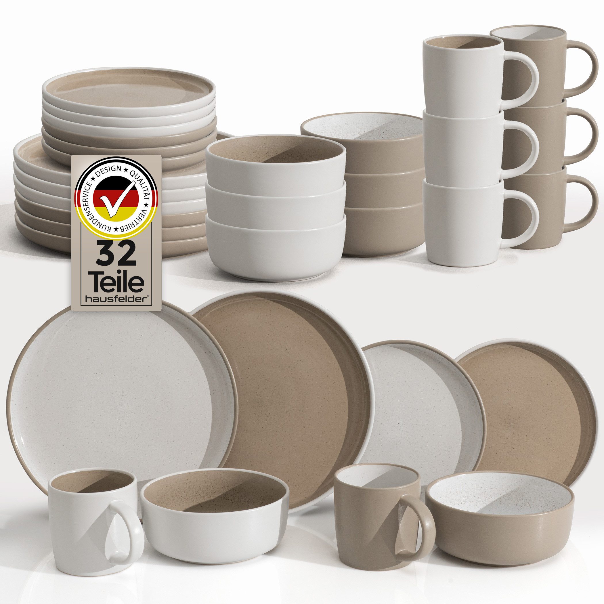 Hausfelder Geschirr-Set Steingut Geschirrset 8 Personen 32teilig Mix, Shadow Stone/Nordic Sand (32-tlg), 8 Personen, Steinzeug, spülmaschinen- & mikrowellengeeignet, Reaktivglasur