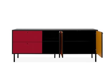 möbelando Lowboard Lafayette, Knalliges Lowboard im Multi-Color aus melaminbeschichteter Spanplatte, Gestell aus Metall in Schwarz mit 3 Holztüren, 2 Schubkästen und 2 Einlegeböden. Breite 184,5 cm, Höhe 70 cm, Tiefe 40 cm