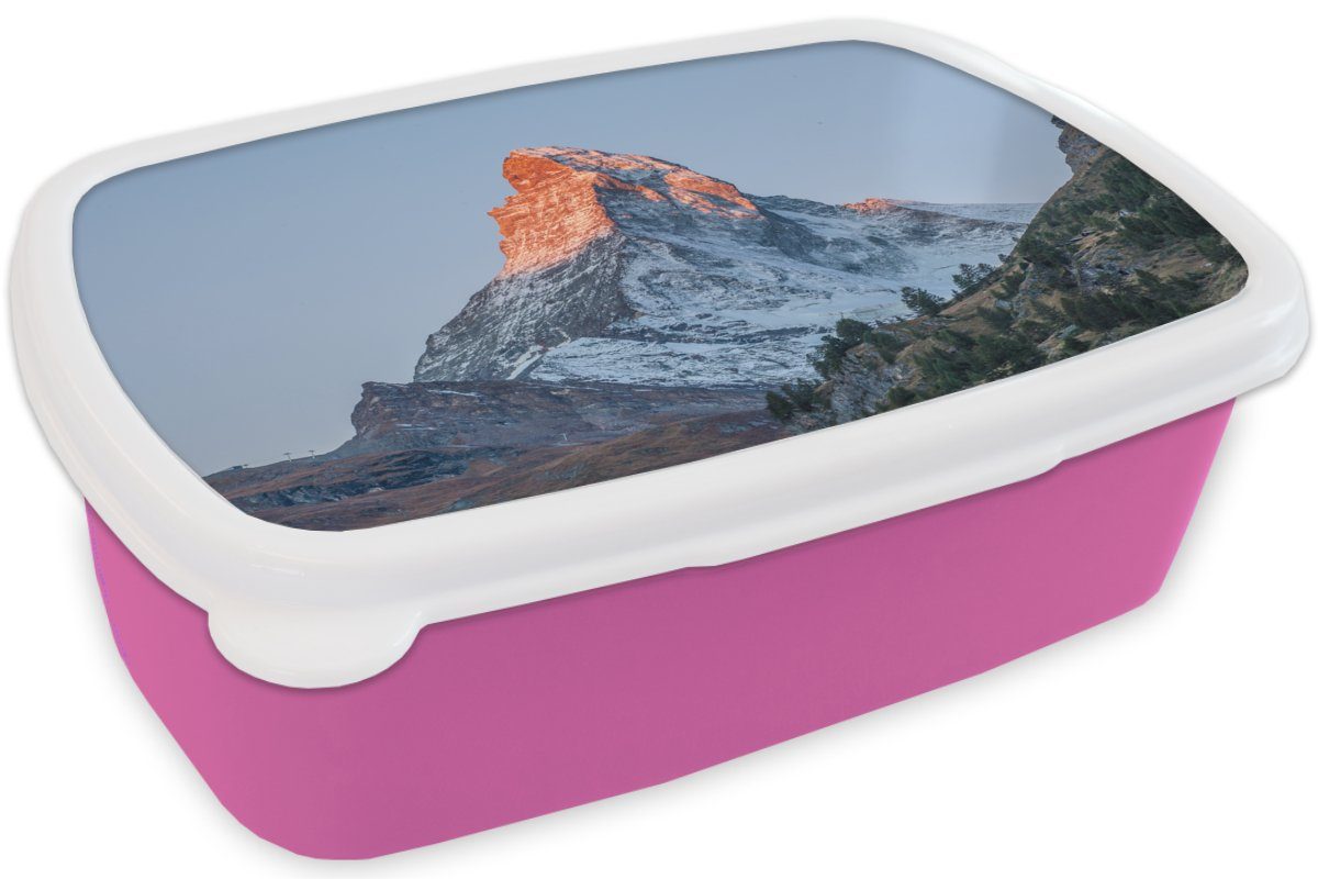 MuchoWow Lunchbox Das Mädchen, Erwachsene, in für Sonnenaufgang, der Brotdose Kunststoff (2-tlg), Kunststoff, rosa Matterhorn Schweiz Snackbox, Brotbox Kinder, bei