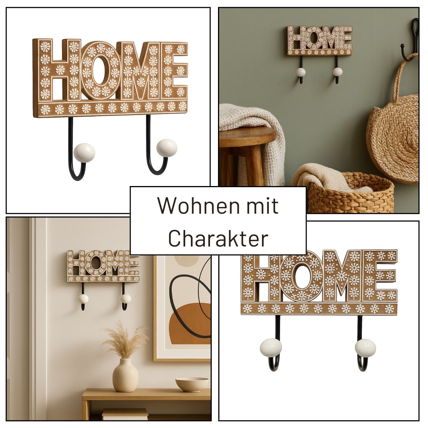 Marrakesch Orient & Mediterran Interior Kleiderhaken Wandhaken HOME aus Holz & Keramikknöpfen, Flur Deko Hakenleiste 18cm, (1-St), ohne Boren