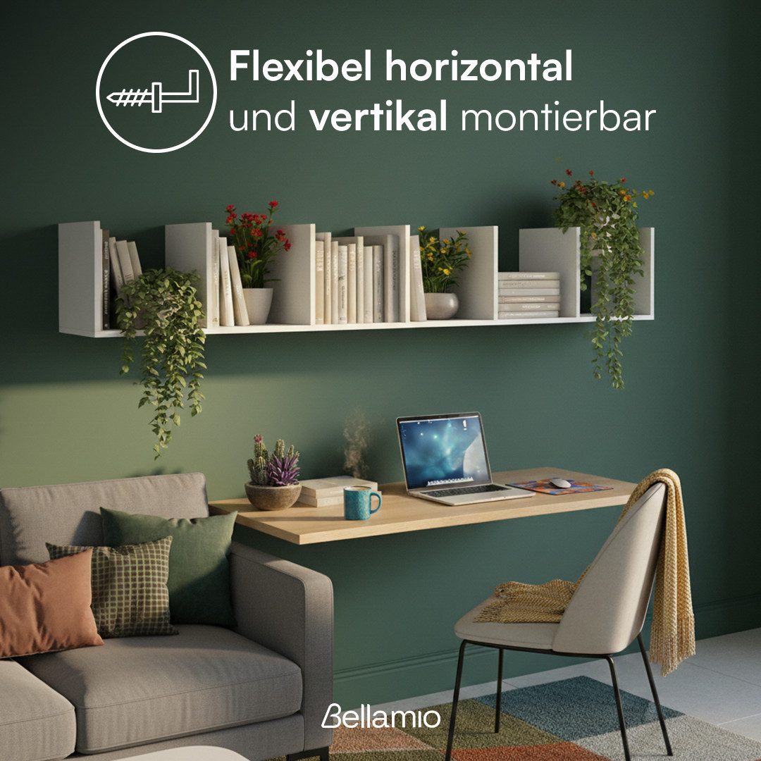 Bellamio Wandregal Ems mit 6 Fächern in weiß, Schweberegal 190x28x30 cm, horizontale oder vertikale Montage