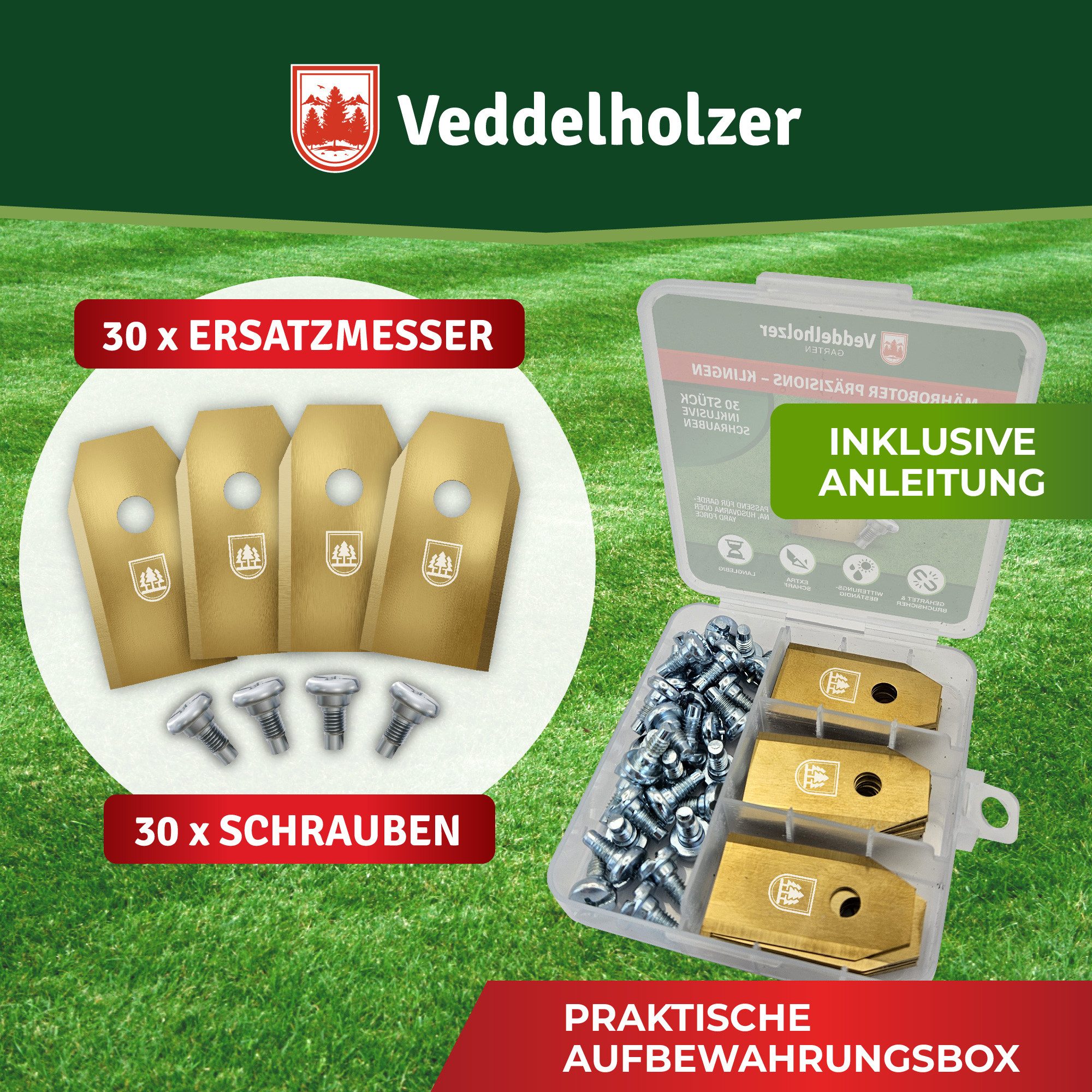 Veddelholzer Rasenmähermesser 30 Mähroboter Klingen aus Edelstahl mit Titan beschichtet Ersatzmesser (30-St., kompatibel mit Gardena, Husqvarna, Yardforce uvm), Inklusive Schrauben alles in einem Set
