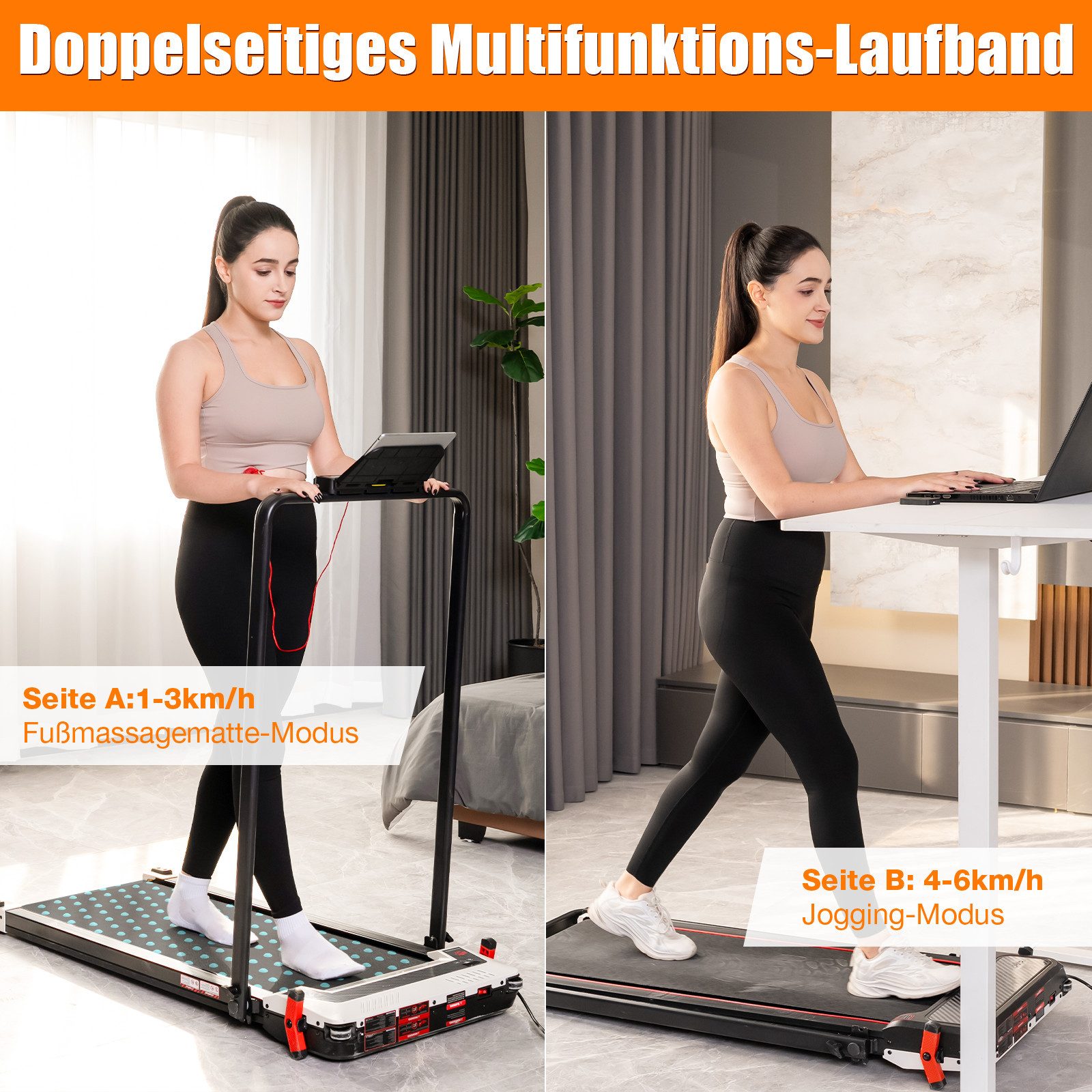 CITYSPORTS Laufband Heim-Laufbänder mit Steigung, beidseitig, mit Fußmassagematte-Funktion (Mit Tools und Schmiermitteln), 440W Bürstenloser Motor, 1-6KM/H, max. Last 120KG, Walking/Jogging Pad