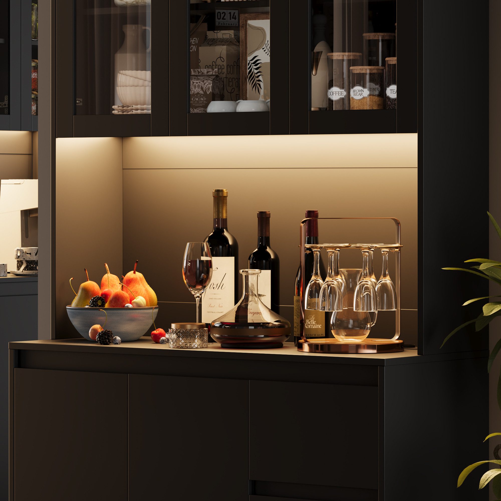 Homfa Küchenbuffet Küchenschrank Buffetschrank mit LED Sideboard schwarz mit Steckdosenleiste & Arbeitsplatte 180x100x38,5cm