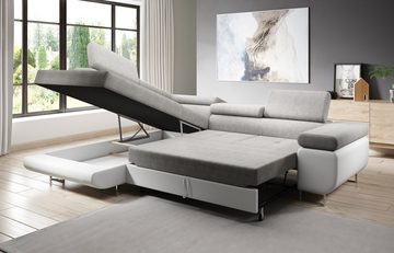 Furnix Ecksofa Zante Eckcouch L-Form Sofa mit Schlaffunktion Eco-Leder-Plüschlook, Maße BxHxT: 275x90x202 cm, Bettkasten und verstellbare Kopfstützen