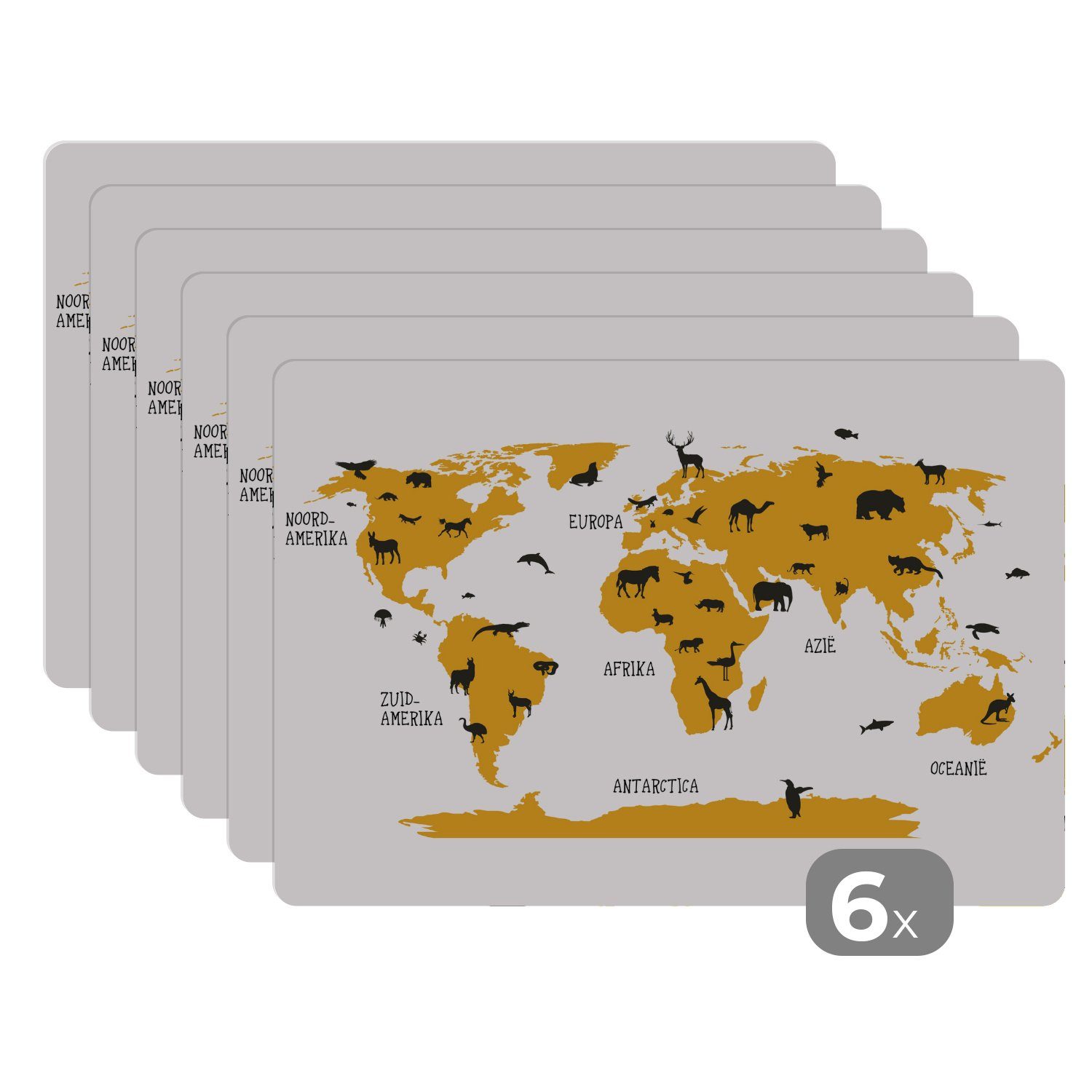 Platzset, Weltkarte Kinder - Tiere - Braun, MuchoWow, (6-St), Platzset, Platzdecken, Platzmatte, Tischmatten, Schmutzabweisend
