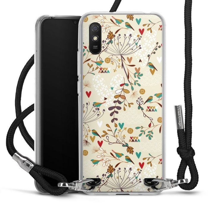 DeinDesign Handyhülle Retro Vogel Blumen Floral Wilderness Xiaomi Redmi 9A Handykette Hülle mit Band Case zum Umhängen