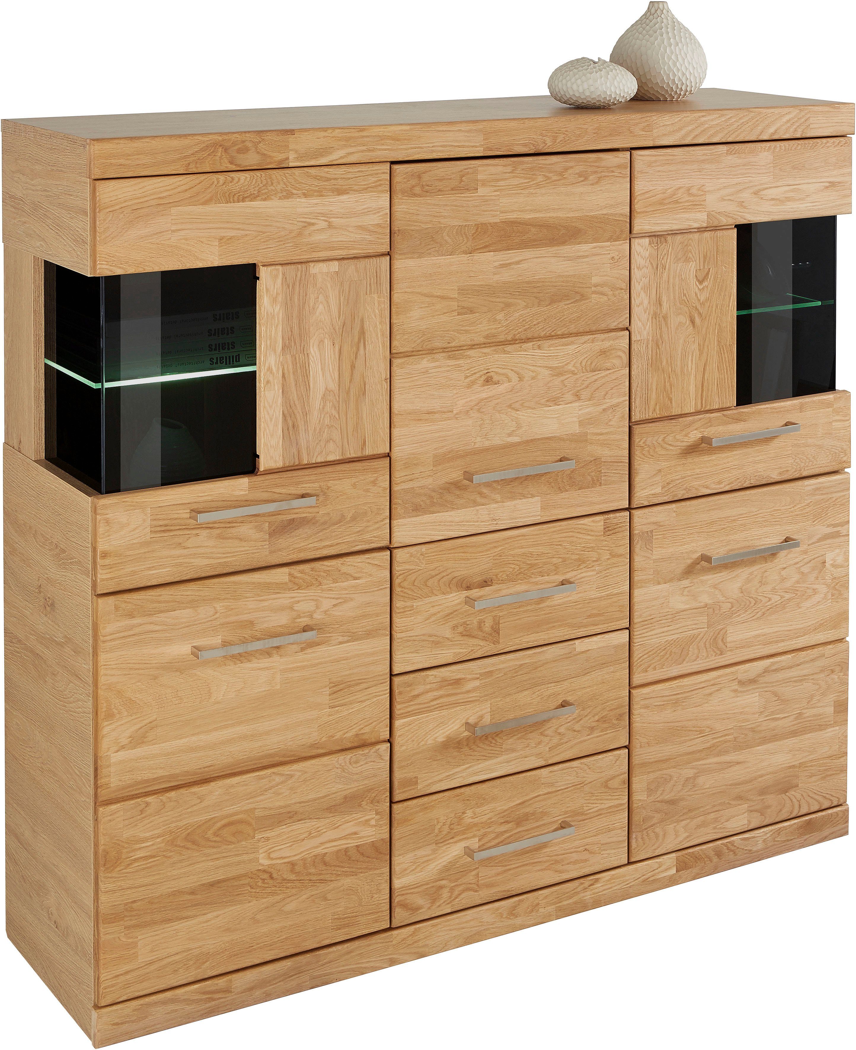 OTTO home Highboard Ribe,125cm breit,115cm hoch, Fronten Massivholz,5Türen,3 Schubladen, Holz massiv, Holzwerkstoff, Metall Griffe,10Fächer, Böden versetzbar