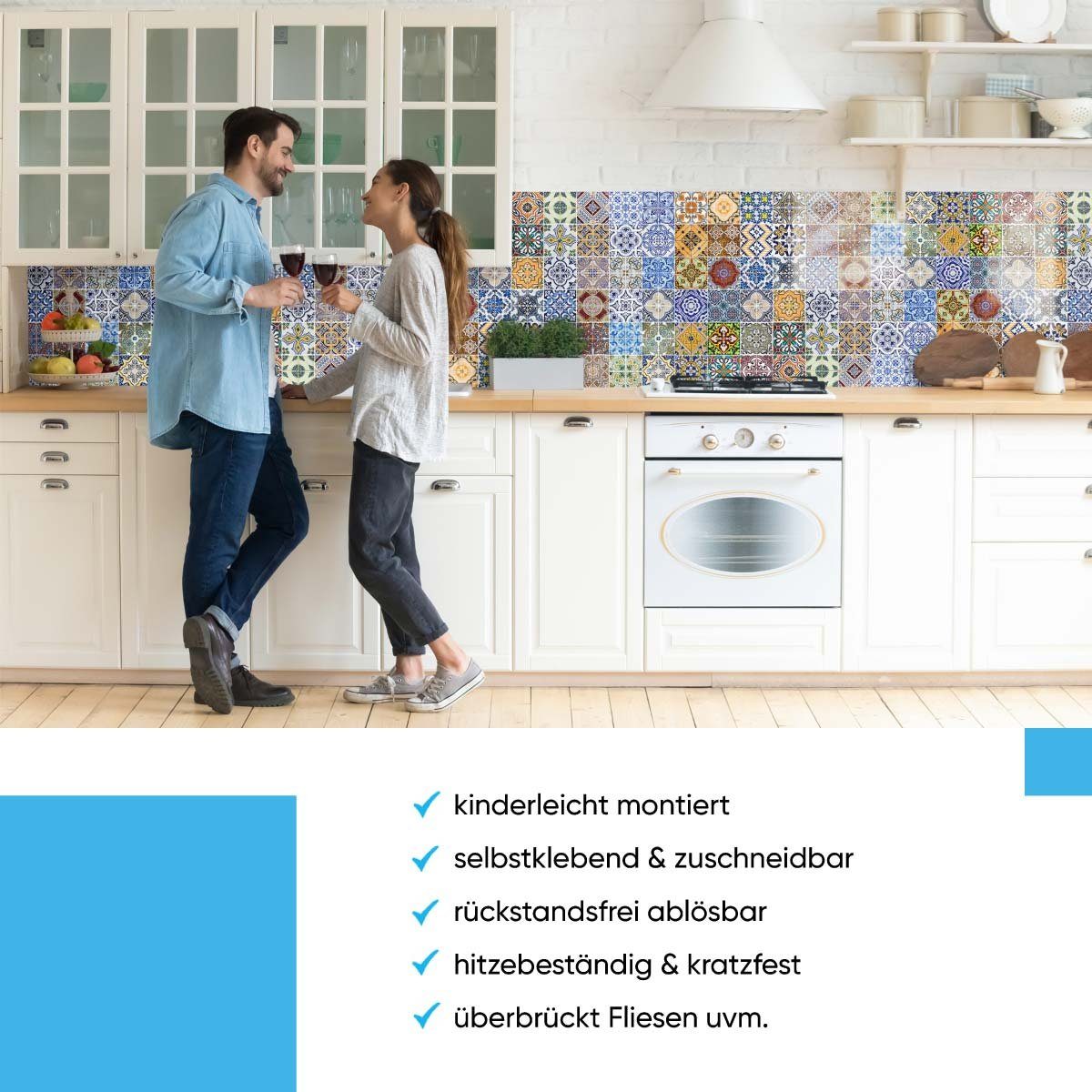 danario Küchenrückwand Küche Glasoptik - Spritzschutz bunt PET Folie - selbstklebend versteifte - Mosaikfliesen