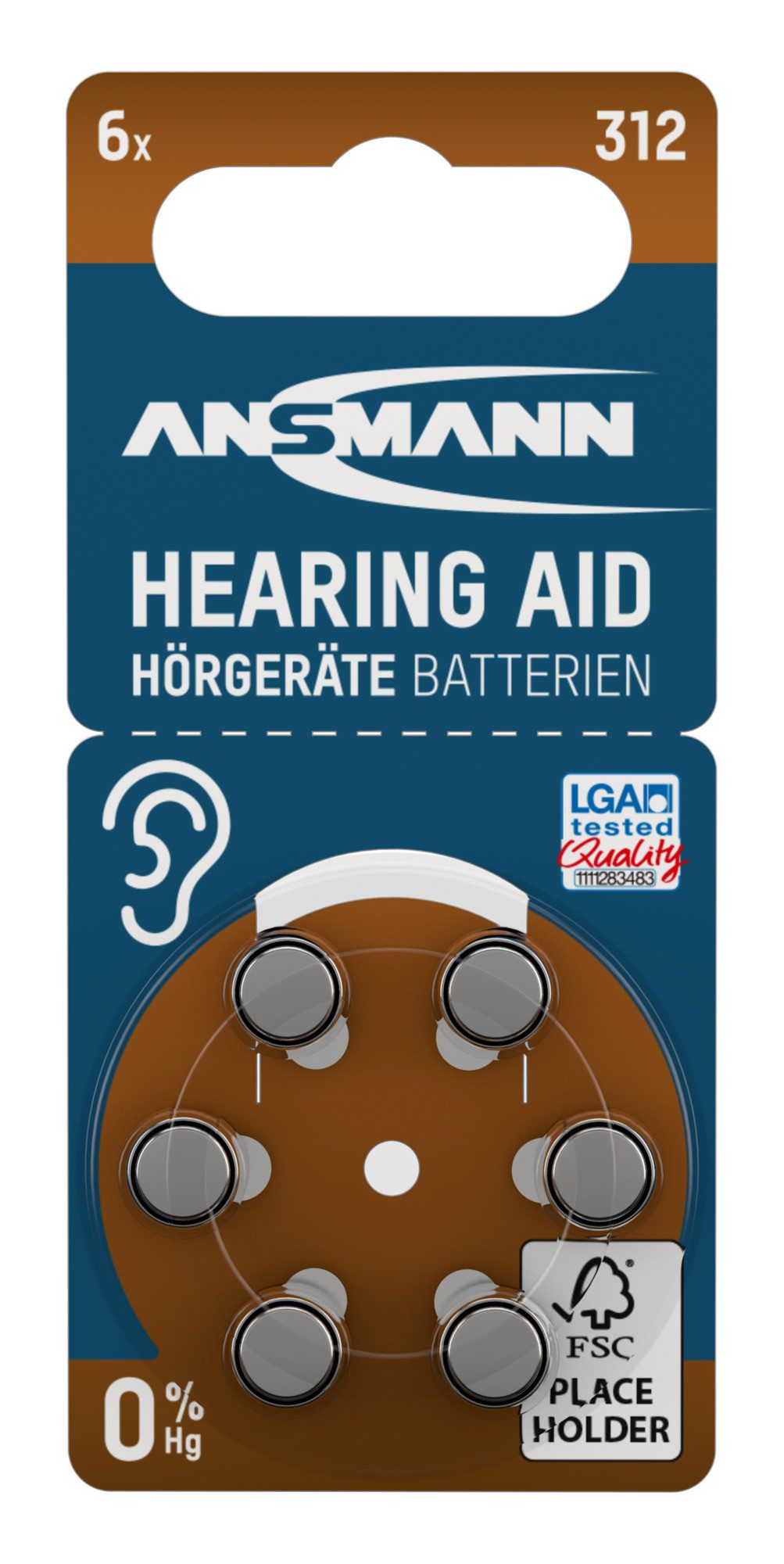 ANSMANN AG Hörgerätebatterien 312 braun 6 Stück - Typ 312 P312 ZL3 PR41 mit 1,4V Knopfzelle