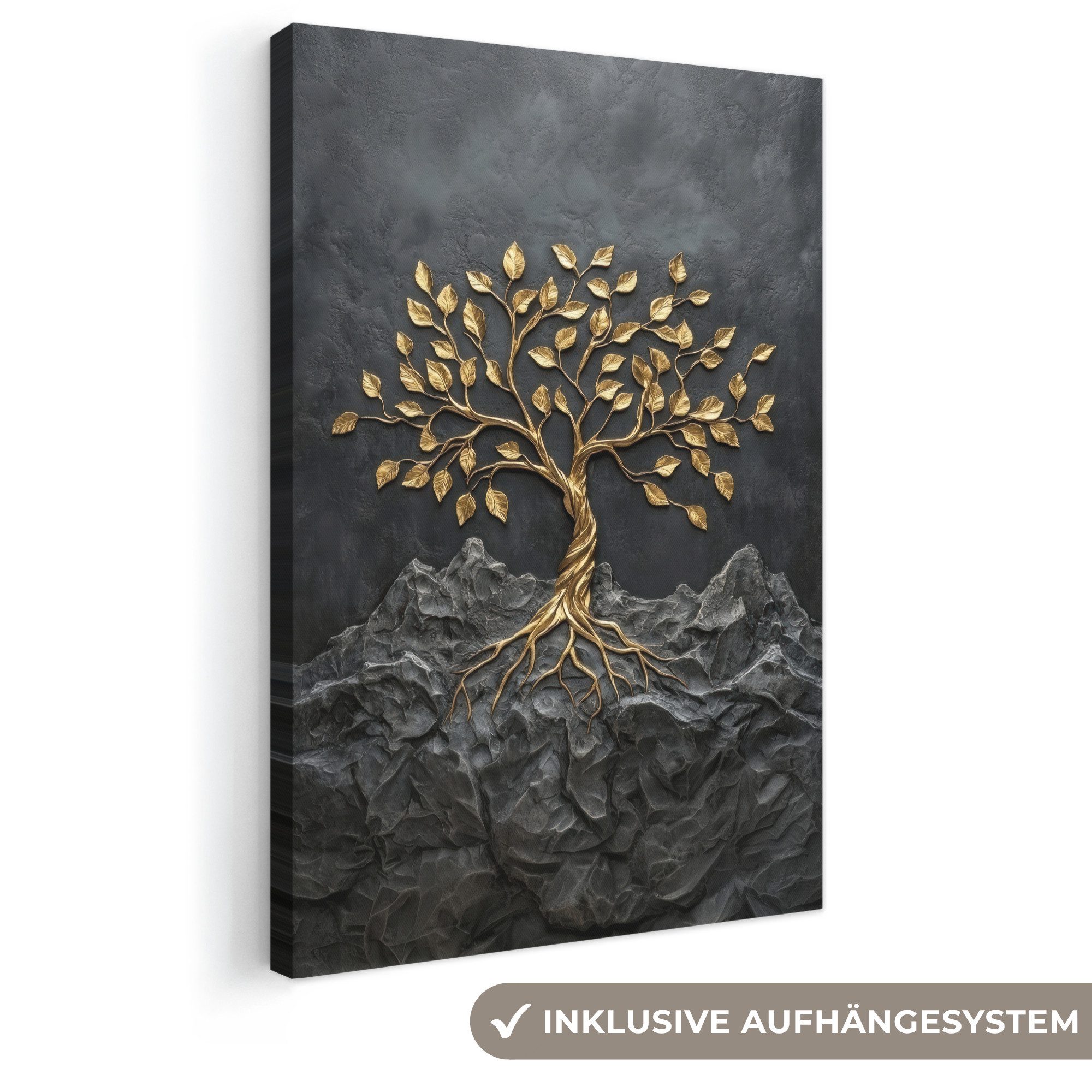 OneMillionCanvasses® Leinwandbild Blätter - Gold - Baum - Fels, Fotodruck (1 St), Leinwand Canvas Wandbild, Wanddekoration 20x30 cm
