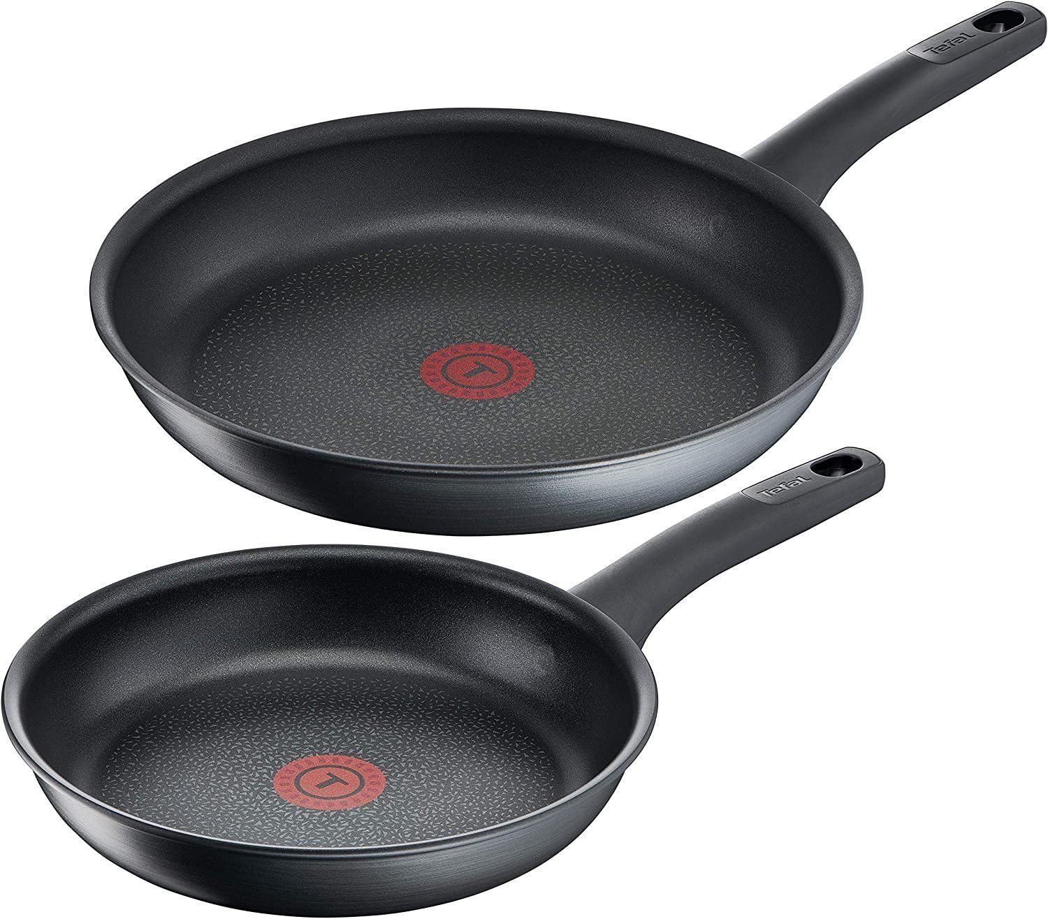 Tefal Pfannen-Set G12490 Titanium Fusion Pfannen-Set 24 cm und 28 cm, Aluminium (Spülmaschinenfest, ohne Fett / Öl, Große Pfanne, Bratpfanne, 2-tlg., für alle Herdarten inkl. Induktion geeignet) Schwarz, Pfanne), Antihaft-Versiegelung, Thermo-Spot,Hard Fusion Außenschicht