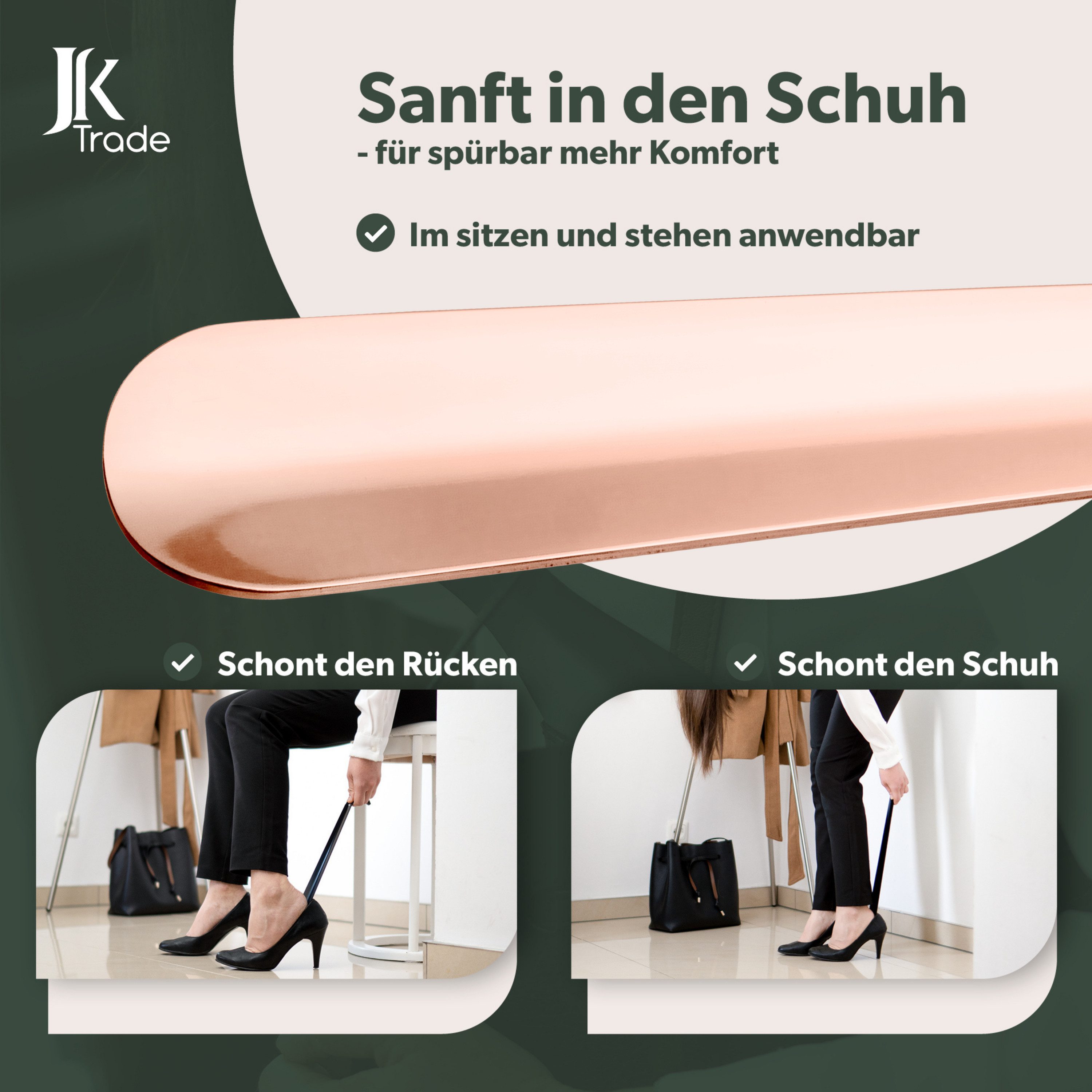 JK Trade Schuhlöffel 29cm Edelstahl Roségold poliert (1-tlg., klein & stabil), für jede Sporttasche – Aufhängbar & hochwertig verarbeitet