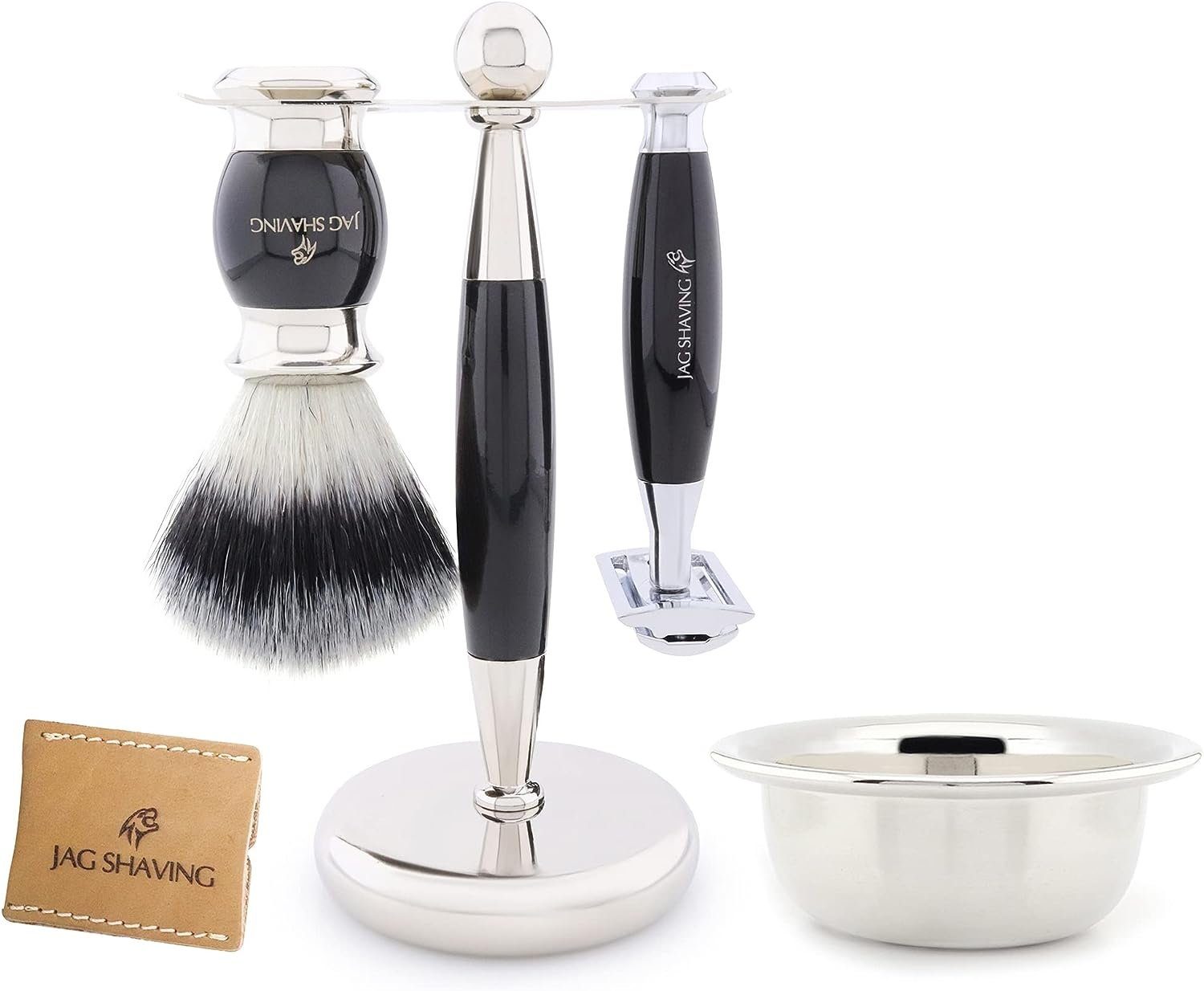 JAG SHAVING Rasierpinsel-Set Synthetikpinsel mit Silberspitze – Rasierhobel, Rasierset, Set, 5 tlg., Rasierset mit zusätzlichem Rasierzubehör für eine klassische Rasur., Für eine optimale Aufbewahrung den Rasierer von Hand aufbewahren.