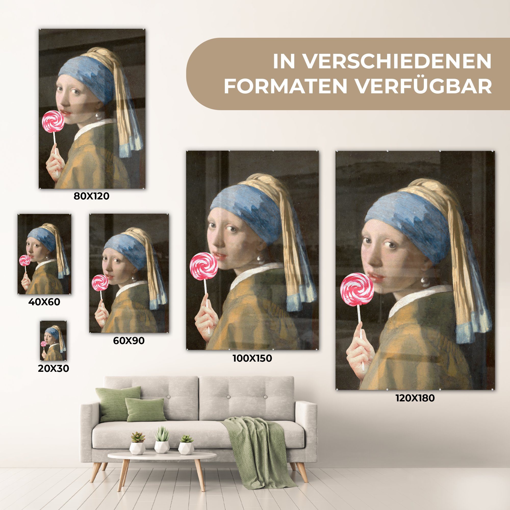 MuchoWow Acrylglasbild Mädchen - auf (1 - Johannes Wandbild Glas auf Vermeer Glasbilder mit - Foto Bilder Lollipop - Perlenohrring St), - bunt Wanddekoration Glas - Rosa
