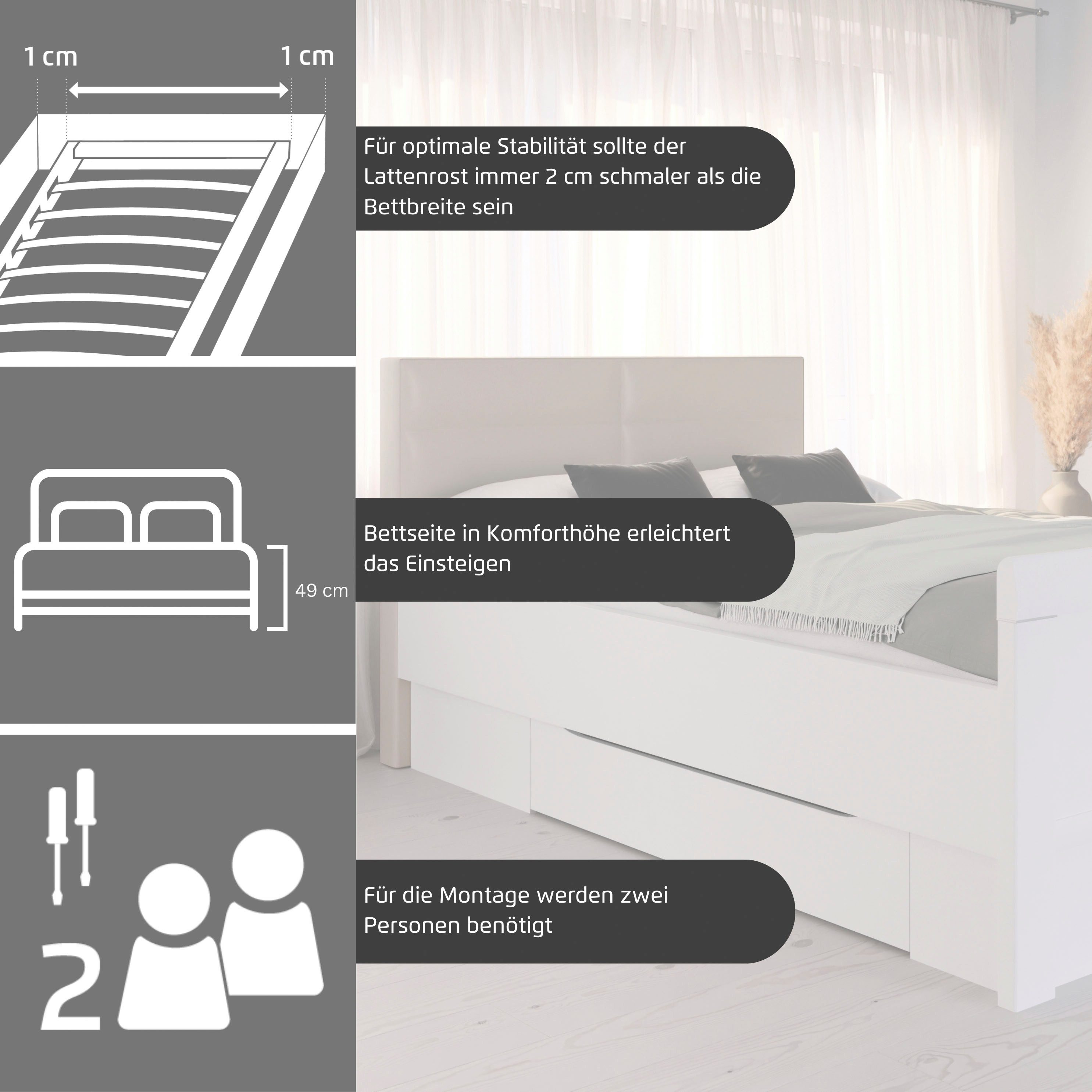 rauch Stauraumbett Bett Einzelbett Stollenbett Bettkästen EVELYN, in Komforthöhe mit Polsterkopfteil sowie Schubladen MADE IN GERMANY – Bild 4 von 5