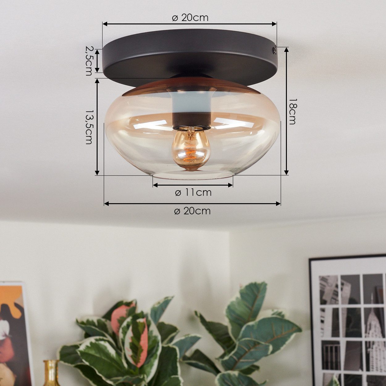 hofstein Deckenleuchte Deckenlampe aus Metall/Glas in Schwarz/Bernsteinfarben/Klar, ohne Leuchtmittel, Leuchte im Retro/Vintage-Design mit Glasschirm (20 cm), 1 – Bild 4 von 5