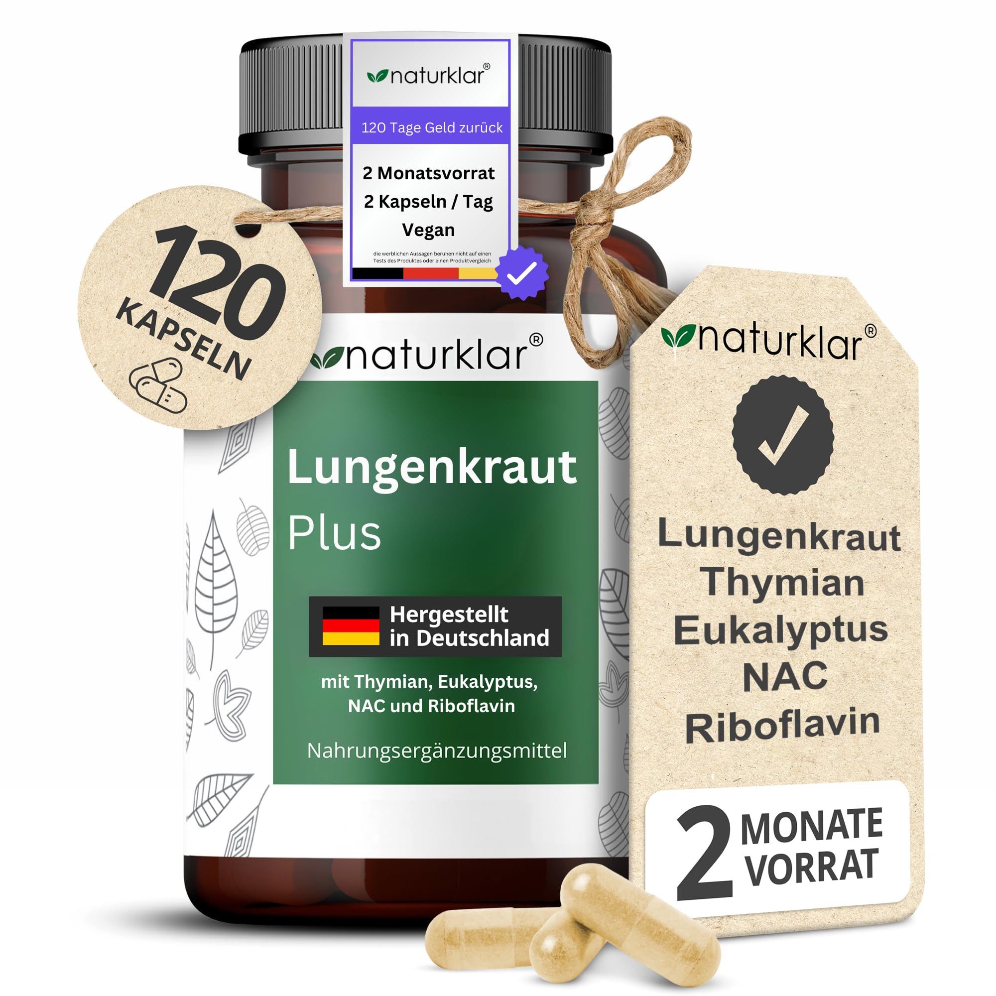 Naturklar Lungenkraut Kapseln 5 Fach Kombi Eukalyptus und NAC Acetyl-Cystein Kapseln, Vegan - 120 Lungenkraut & Thymian Kapseln hochdosiert à 120 St., 65 g