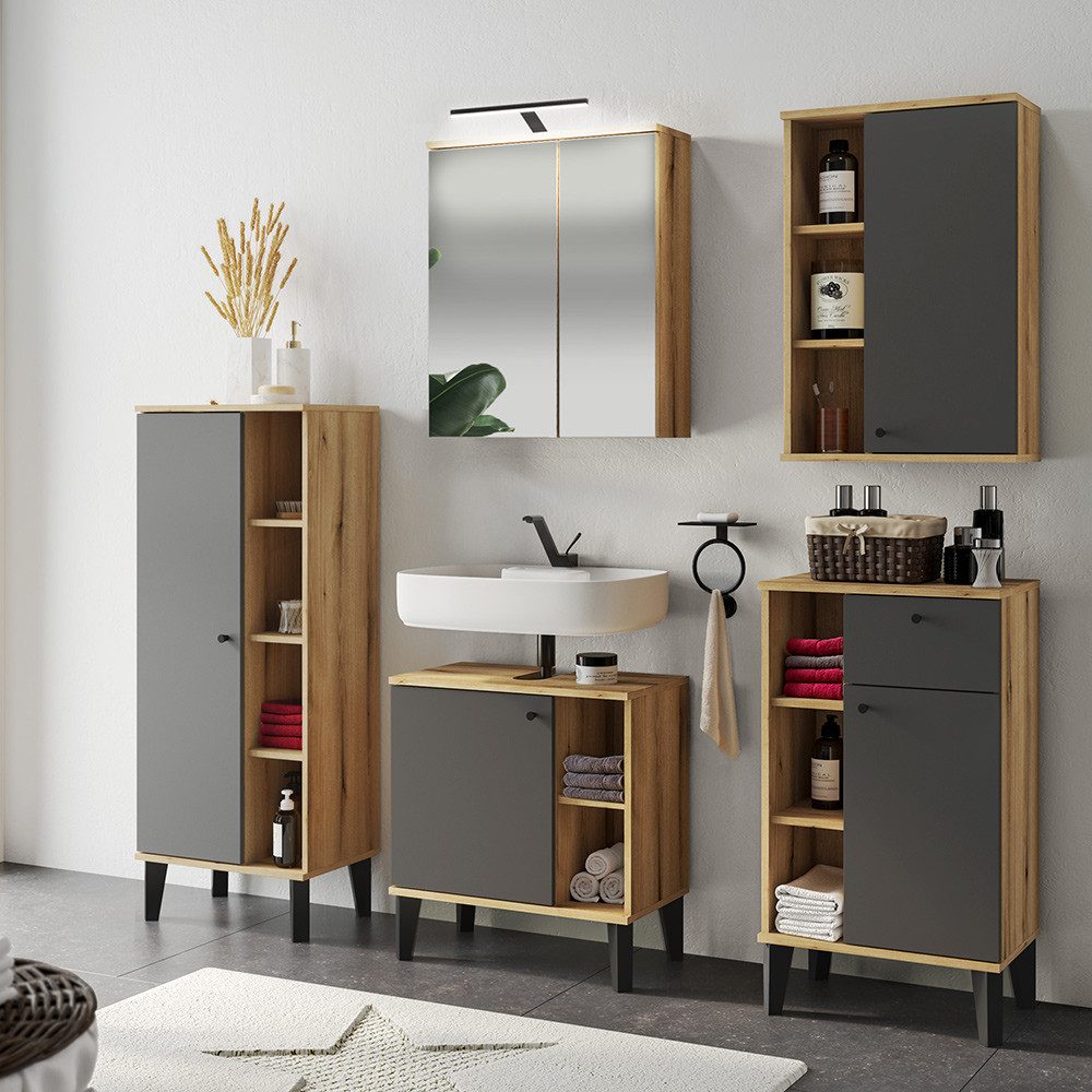 Lomadox Badmöbel-Set OLEAN-61, (Spar-Set, 5-St., Waschbeckenunterschrank Spiegel Hochschrank), Eiche Dekor mit grau Möbelfüße schwarz LED Beleuchtung modern
