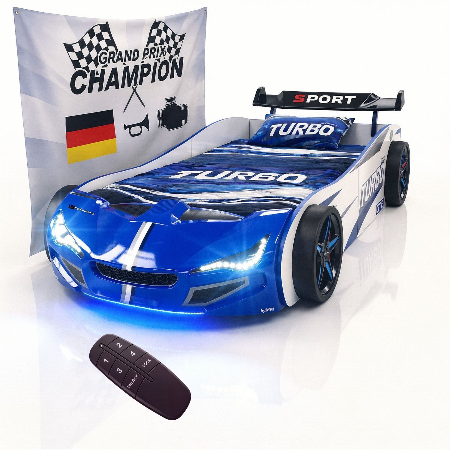 Coemo Autobett GTE (1-tlg., Komplett-Set Bett und Lattenrost), Blau Autobett Rennwagen GTE mit Lattenrost Beleuchtung Motorgeräusche