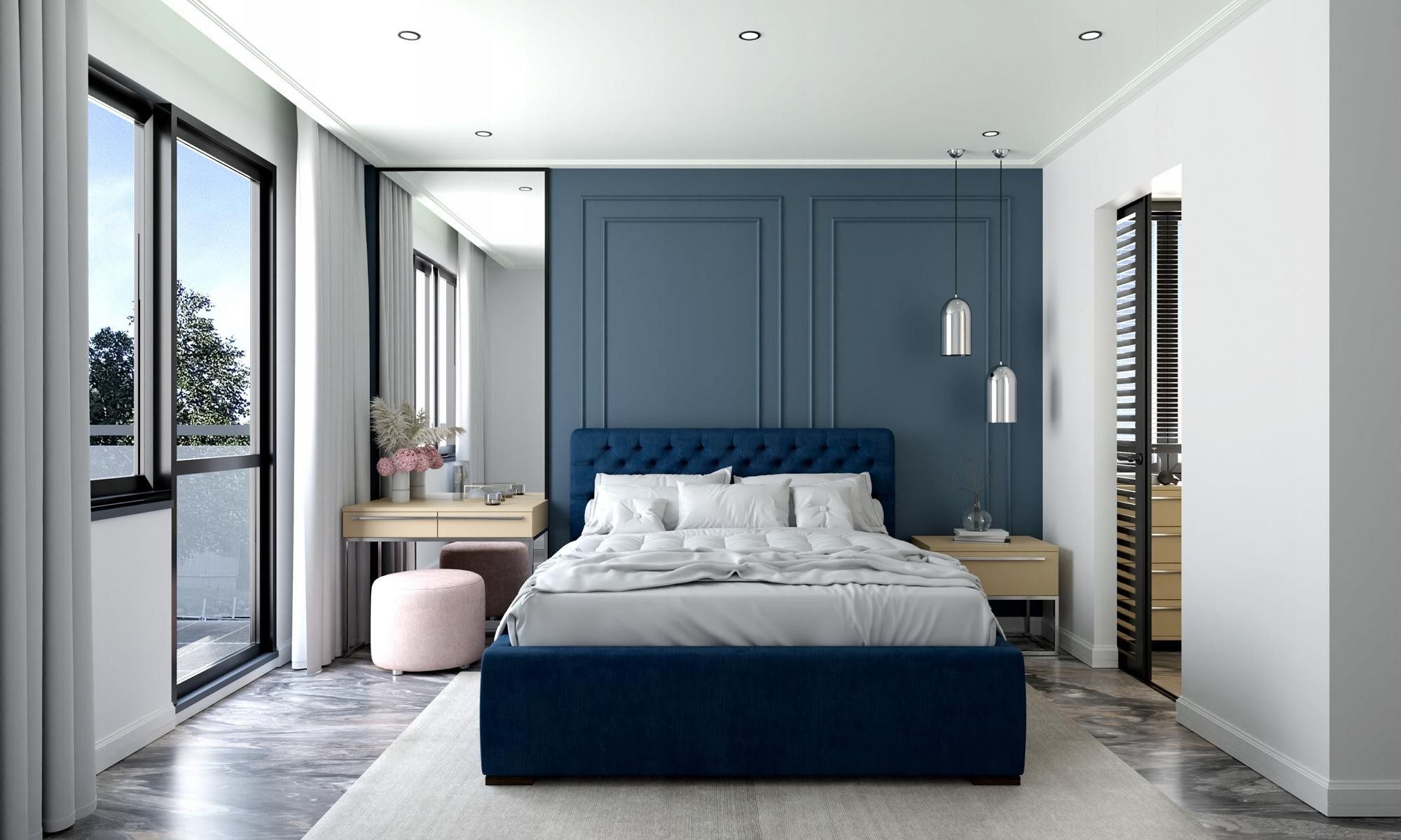 Xlmoebel Polsterbett Blaues Stoffpolster-Doppelbett mit Holzakzenten (Doppelbett, Bett), Hergestellt in Europa