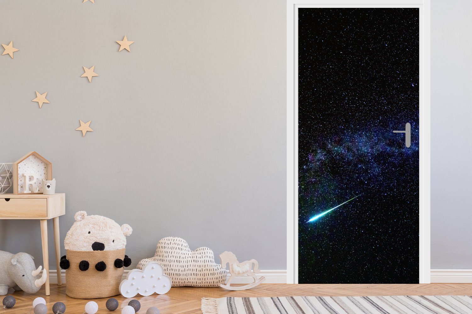 bedruckt, 75x205 schießt Ein Milchstraße, MuchoWow Türtapete Meteor Matt, (1 Türaufkleber, Fototapete für St), Tür, die cm durch