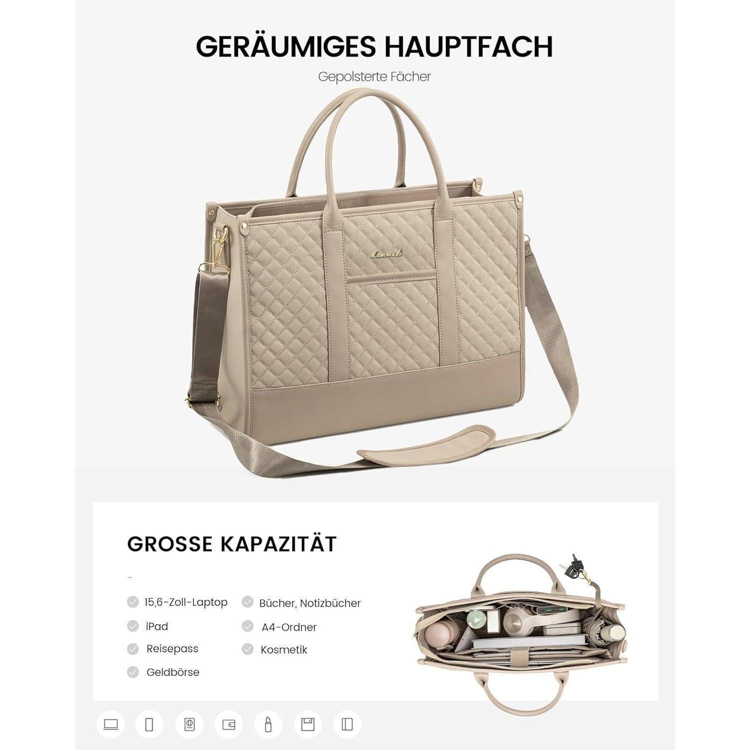 LuxusKollektion Laptoptasche Laptoptasche Damen 15,6 Zoll Wasserdicht Groß Schultasche Beige