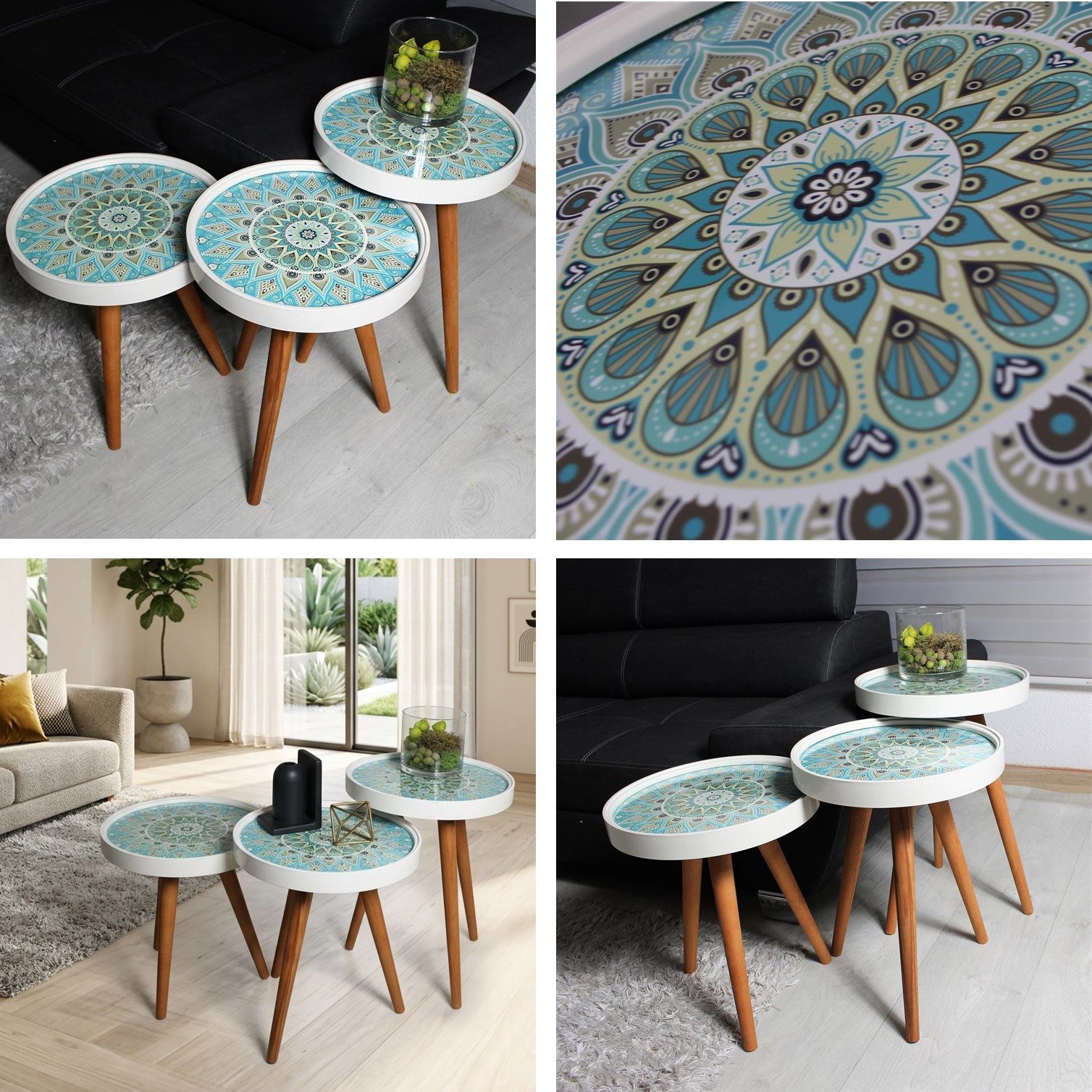 HOOZ Beistelltisch Satztisch 3er Set Beine Holz rund Ø 38 cm; Höhen: 47/ 53/ 59 cm Mosaik (Set, 3-St., 3× Sofatisch), Platzsparendes 3er Couchtisch Set – flexibel ineinander schiebbar