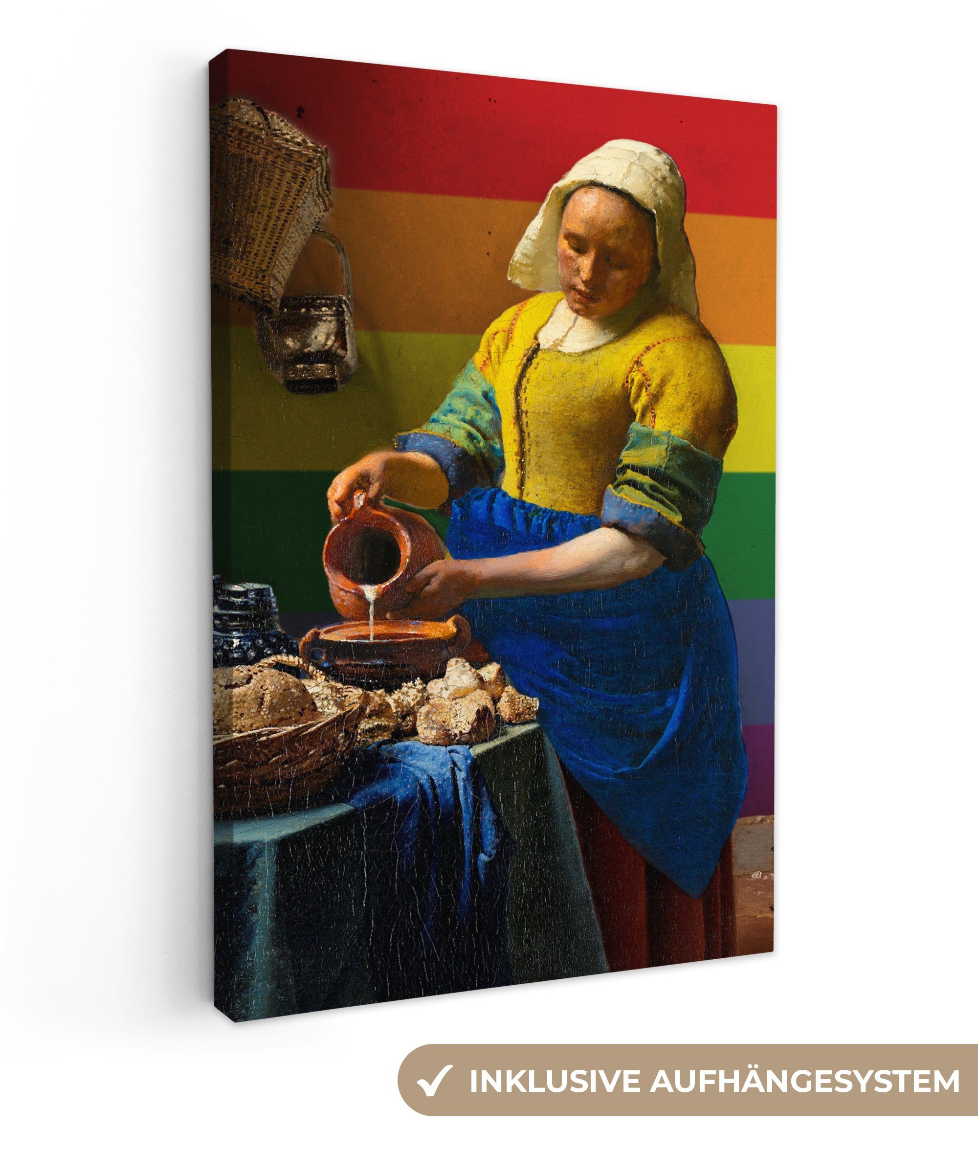 cm bespannt Zackenaufhänger, - St), (1 Gemälde, Gemälde fertig 20x30 Vermeer Milchmädchen, OneMillionCanvasses® Leinwandbild inkl. - Stolz