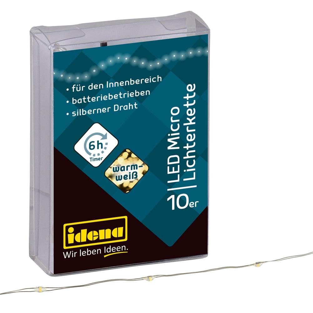 Idena LED-Lichterkette 10er, Micro-Lichterkette, warmweiß, 1,2 m, für innen, batterieben, mit Timer