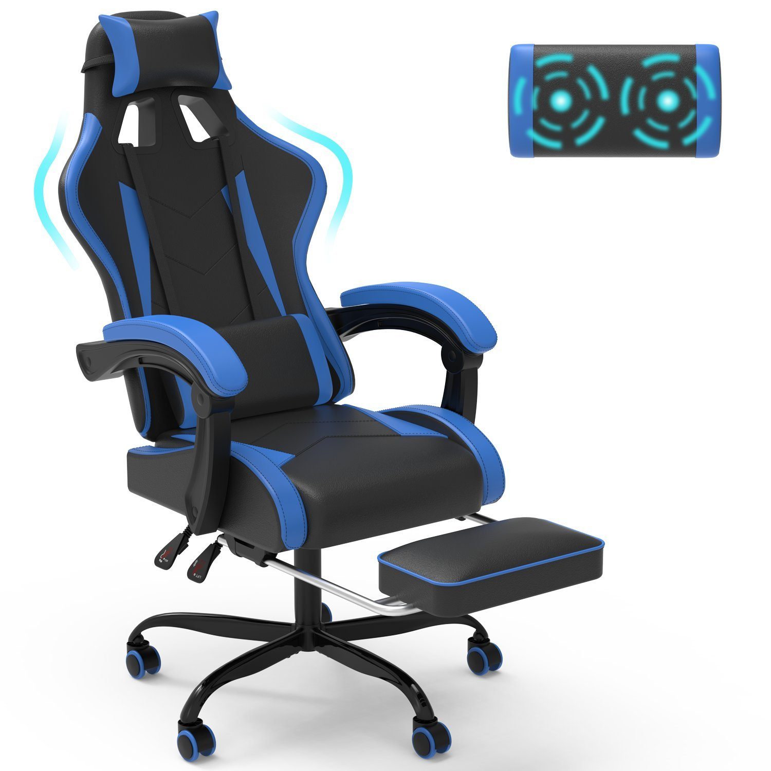 GUNJI Gaming Chair Massage Gaming Stuhl mit Fußstütze, 90-135° Rückenlehne einstellbar Blau