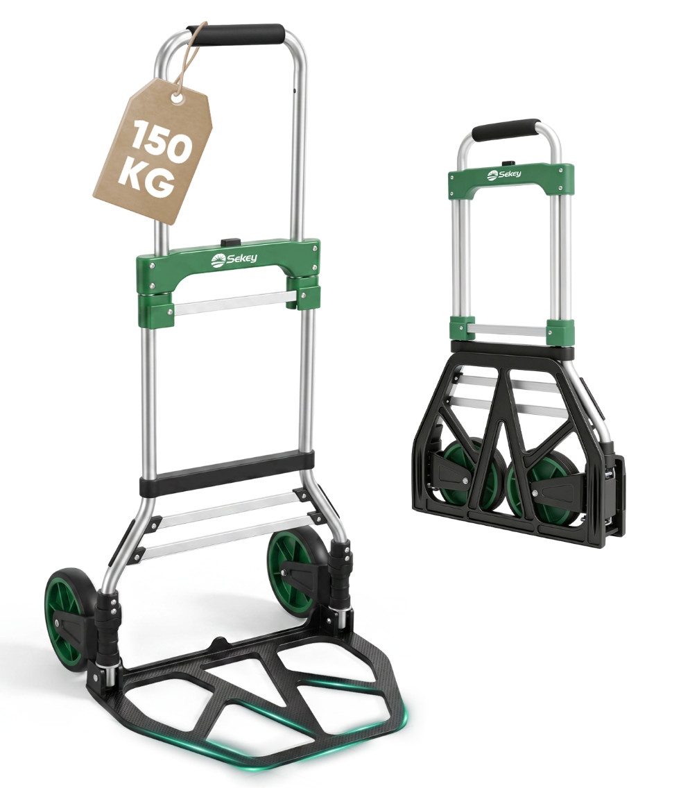 Sekey Sackkarre 150 kg Sackkarre Klappbar Transportkarre mit XXL Anti-Rutsch-Plattform, Mit 2 Expanderseilen, verstärktem Alurahmen, …