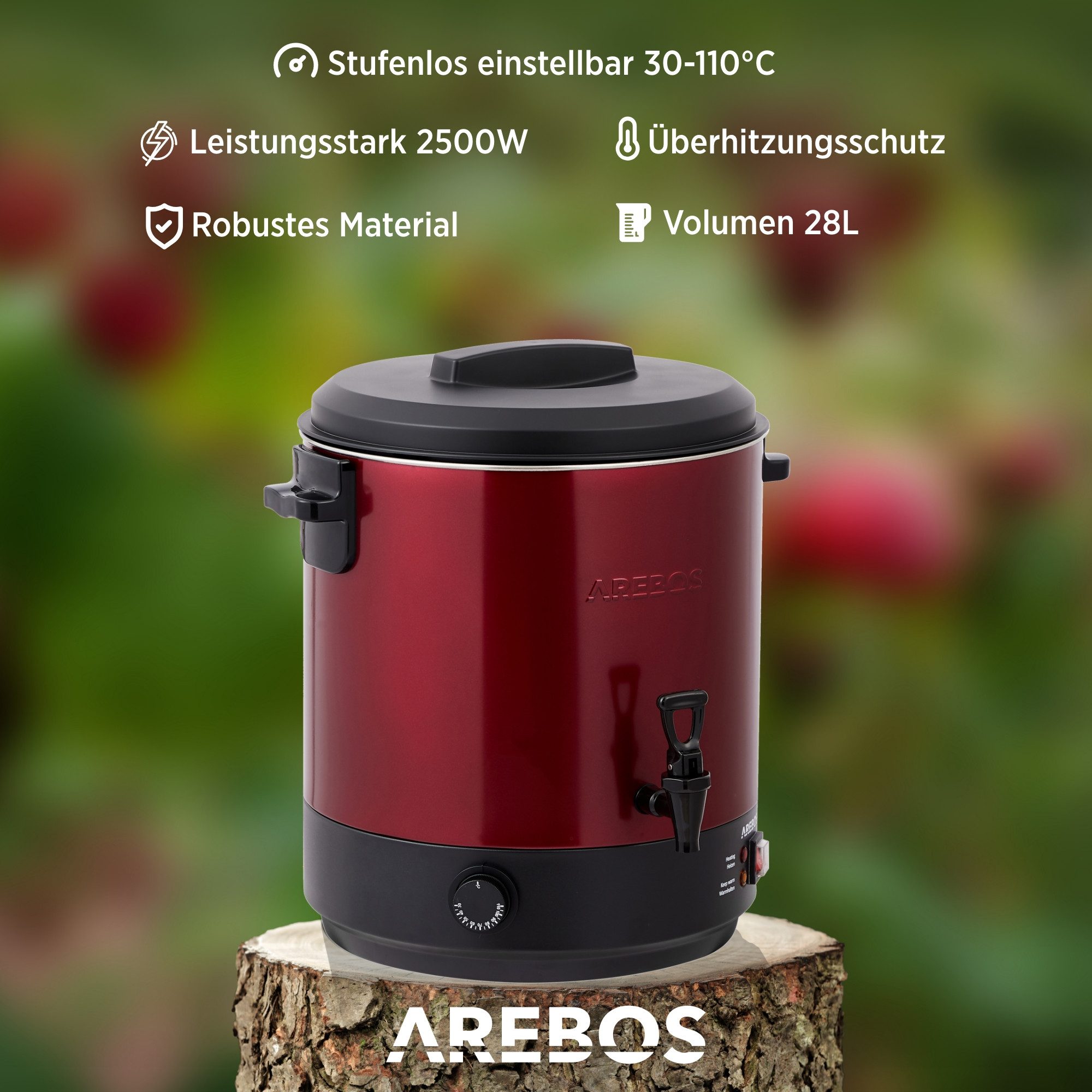 Arebos Einkoch- und Glühweinautomat 28 L mit Timer & Zapfhahn für Glühwein & Getränke, 2500 W, Timer