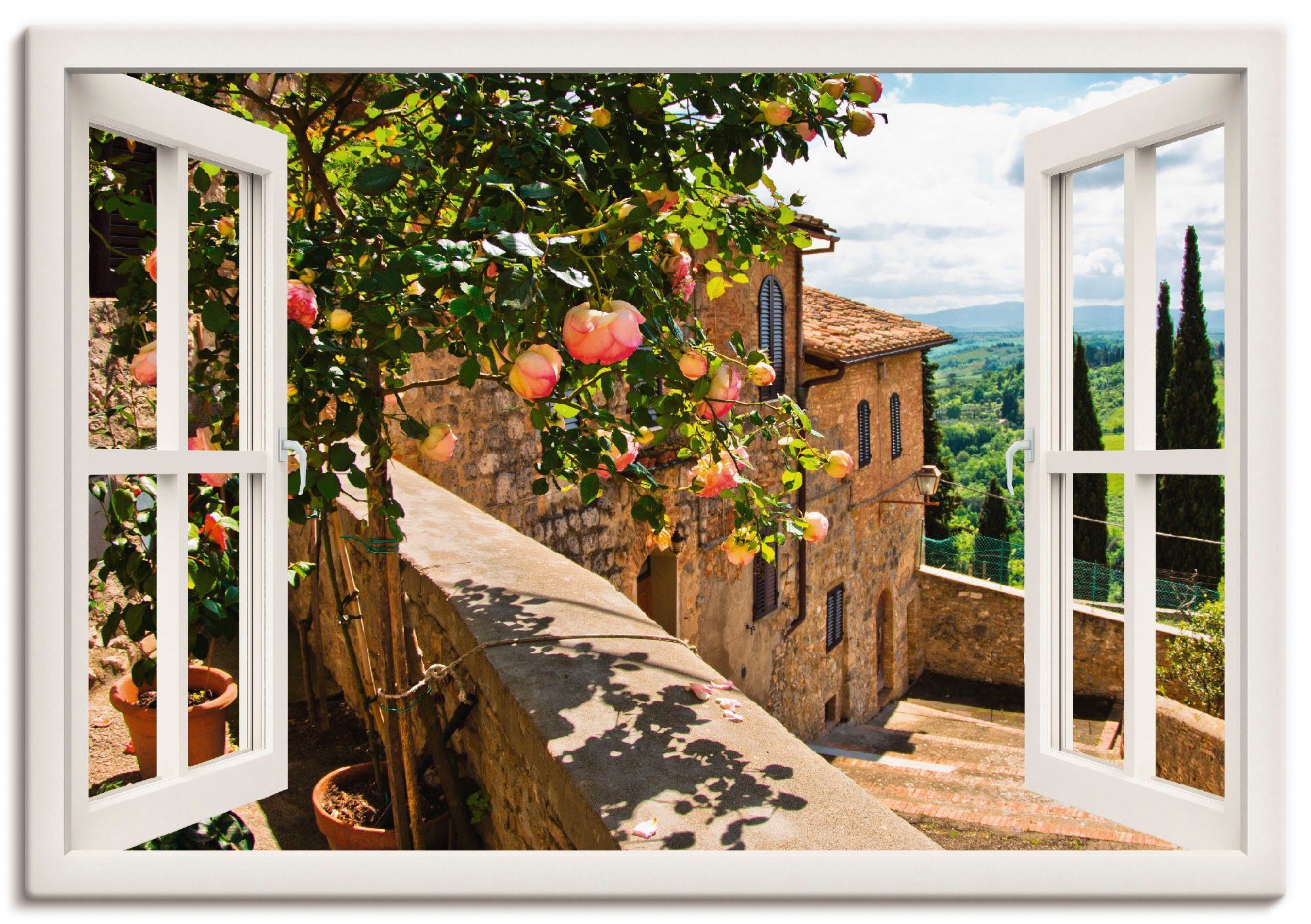 Artland Wandbild Fensterblick Rosen auf Balkon Toskana, Garten (1 St), als Alubild, Leinwandbild, Poster in verschied. Größen