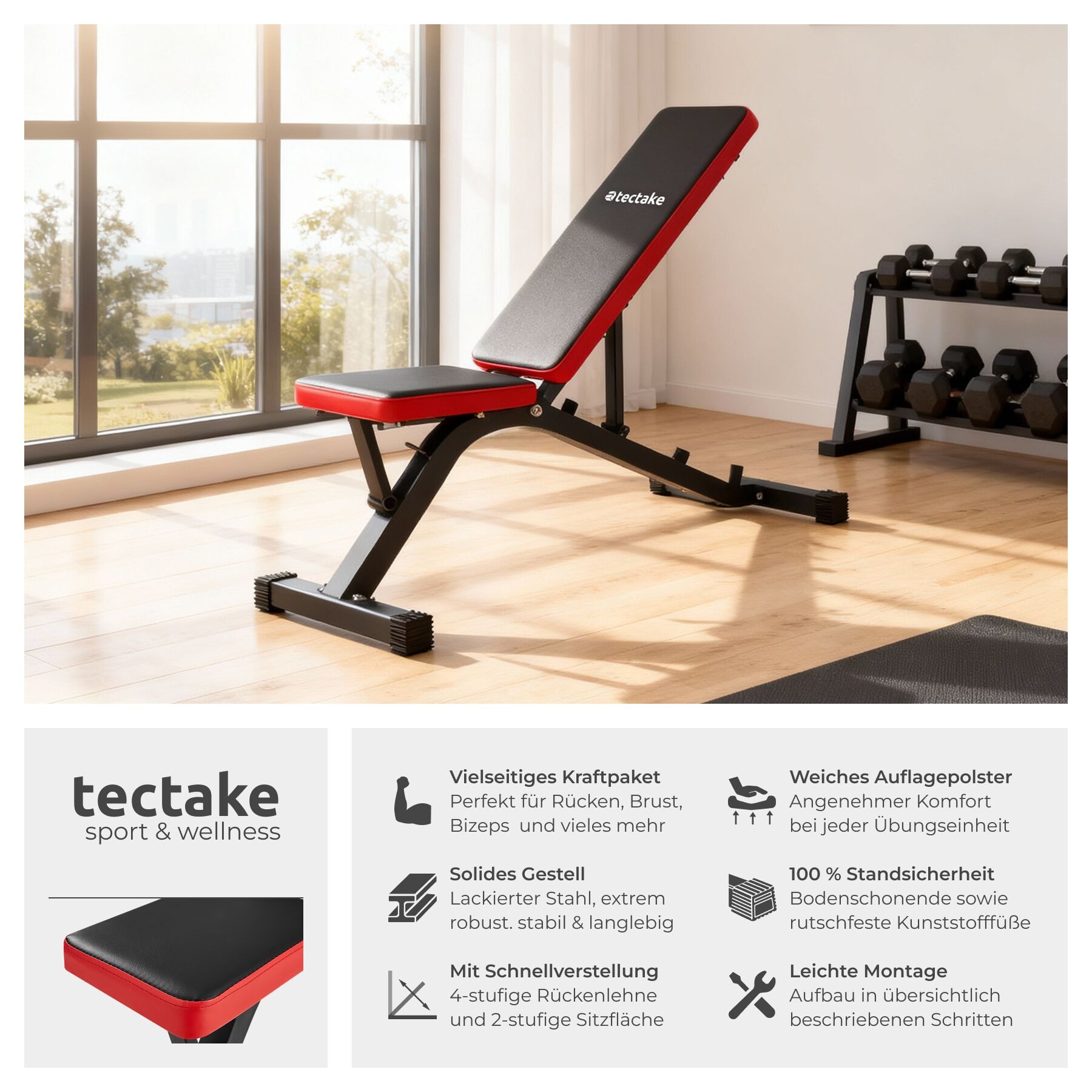 tectake Hantelbank Fitnessbank, rutschfest, 116 x 51 x 122 cm, mit Schnellverstellung, (Trainingsbank, in schwarz/rot), Rückenlehne 4-fach verstellbar, gepolstert mit Kunstlederbezug