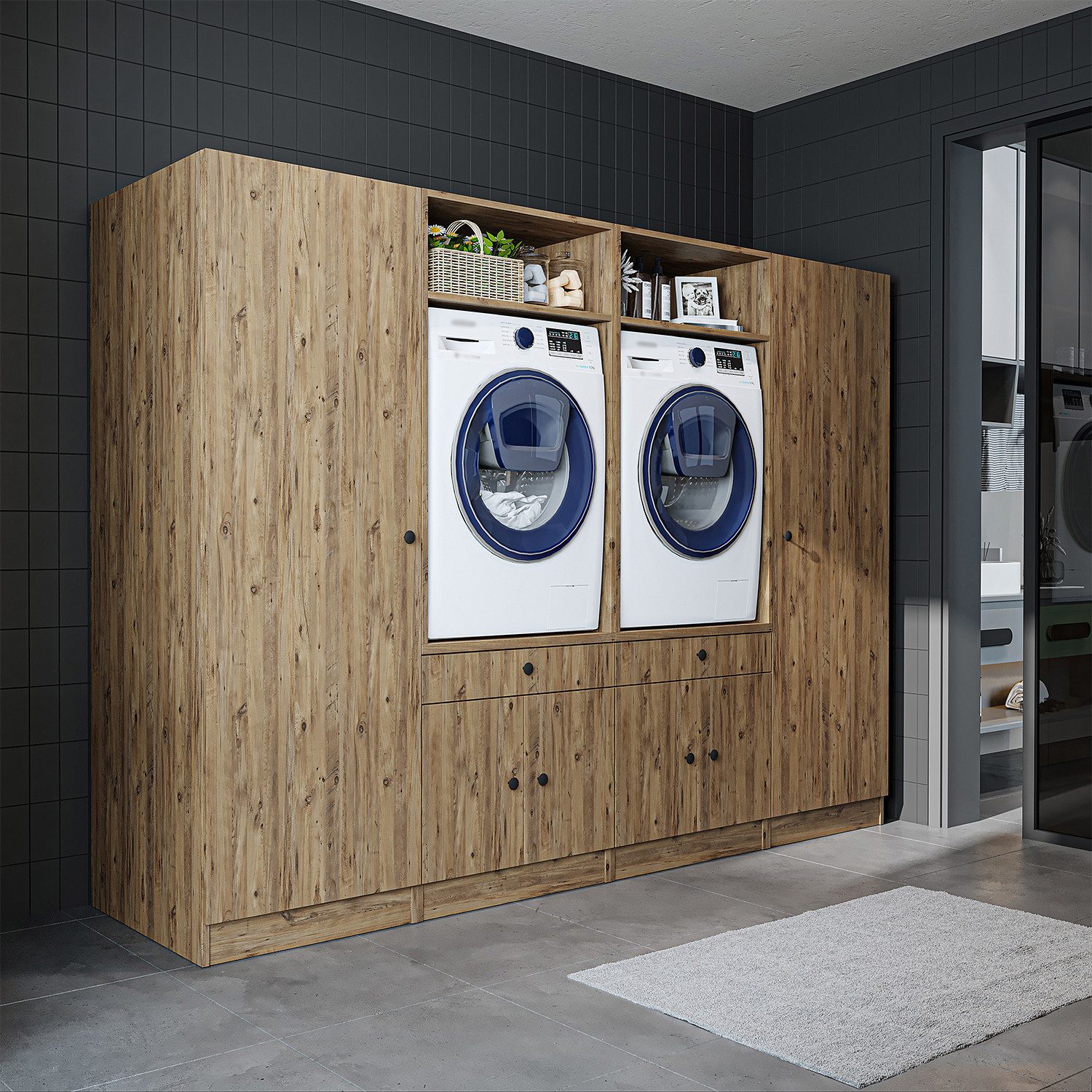 Roomart Waschmaschinenumbauschrank 254 cm (Schrankwand für Waschküche und Hauswirtschaftsraum, mit praktischem Ausziehbrett) erhältlich in Weiß, Eiche oder Schwarz-Eiche