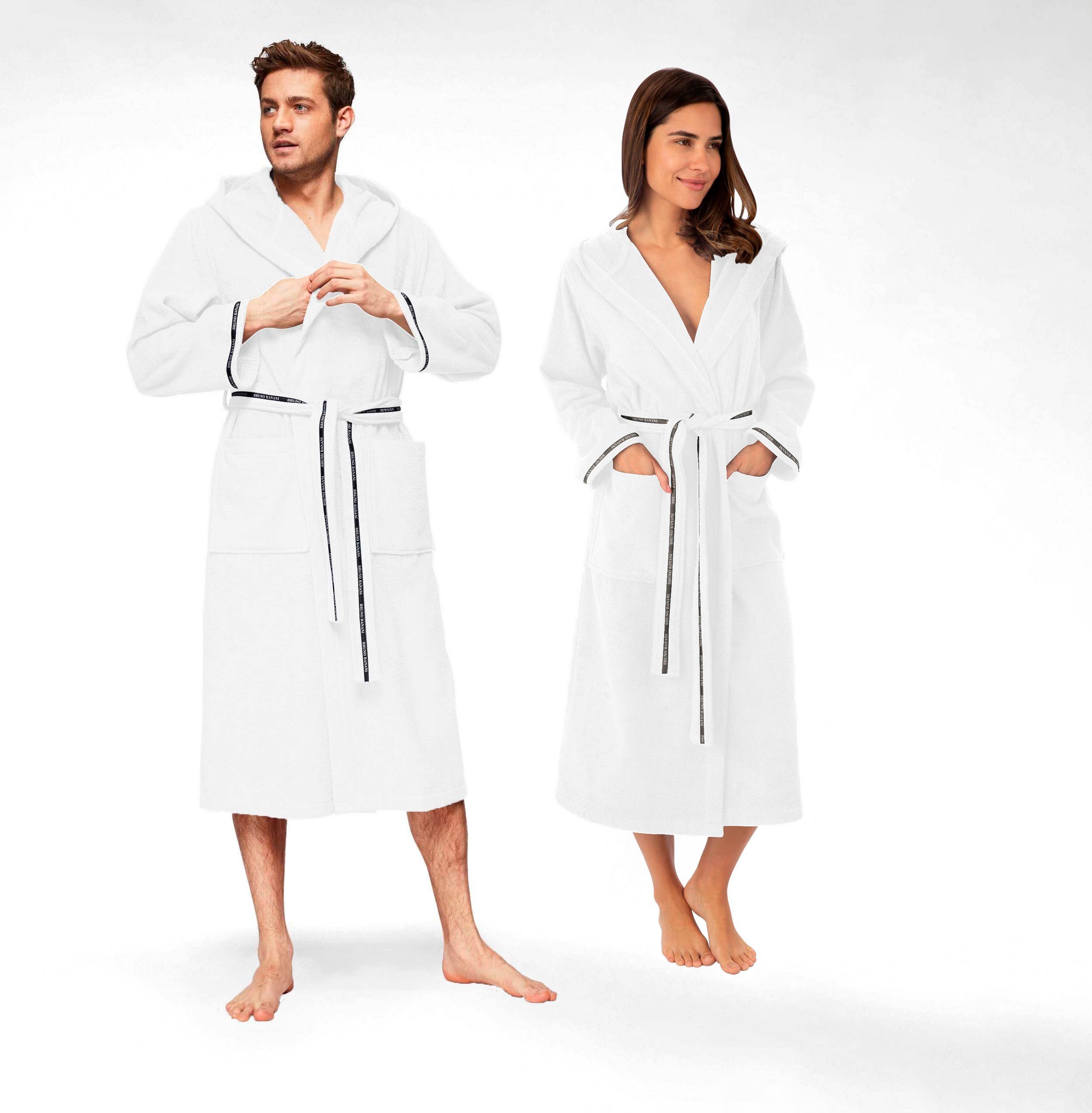 Bruno Banani Damenbademantel Danny, ideal für Sauna & Spa, Hotelbademantel, Morgenmantel, Langform, Walkfrottier, Kapuze, Gürtel, mit Logostreifen, aus 100% Baumwolle, XS-3XL